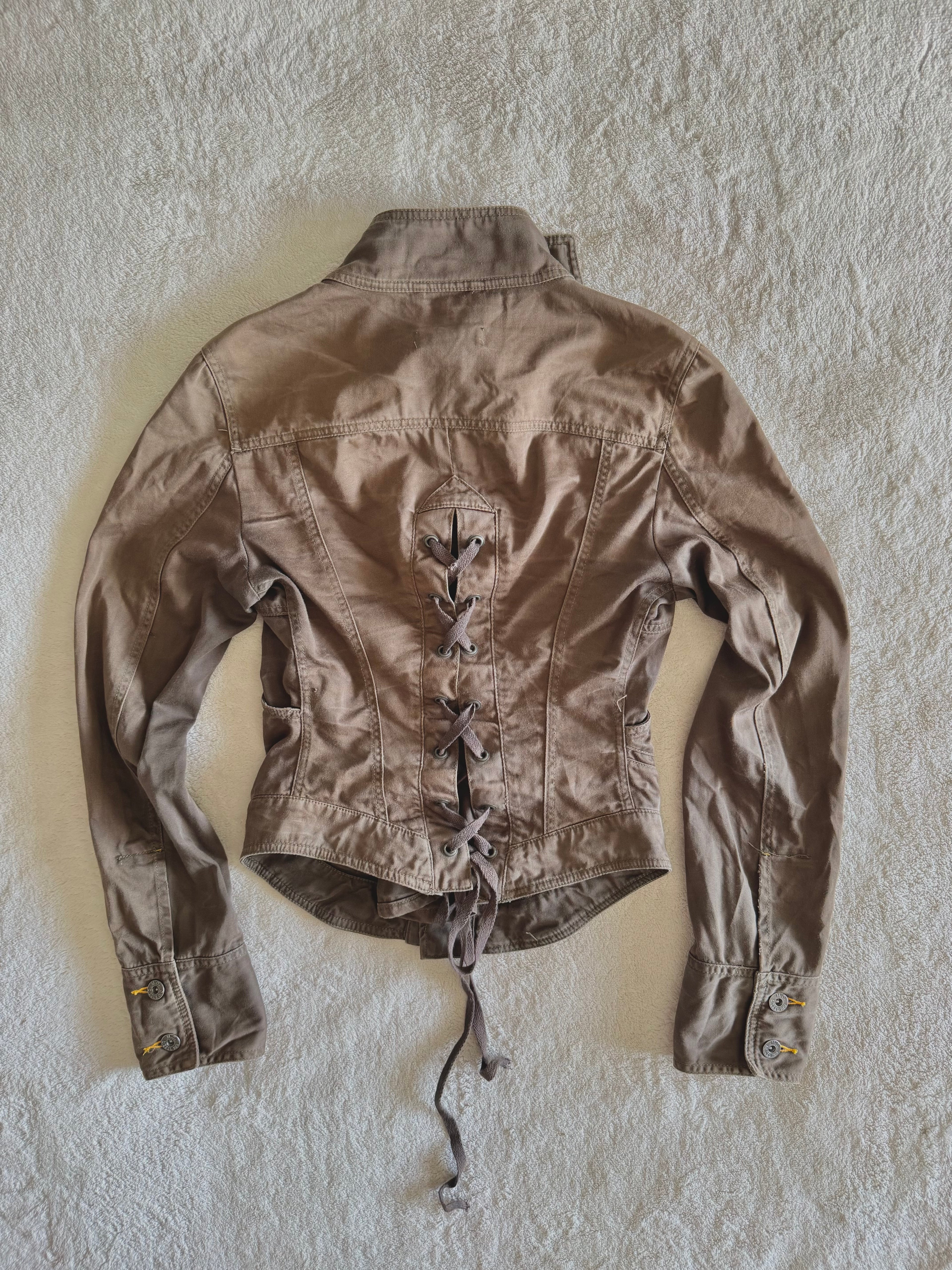 y2k vintage brown button up fitted funnel neck corset lace back jacket viral pinterest