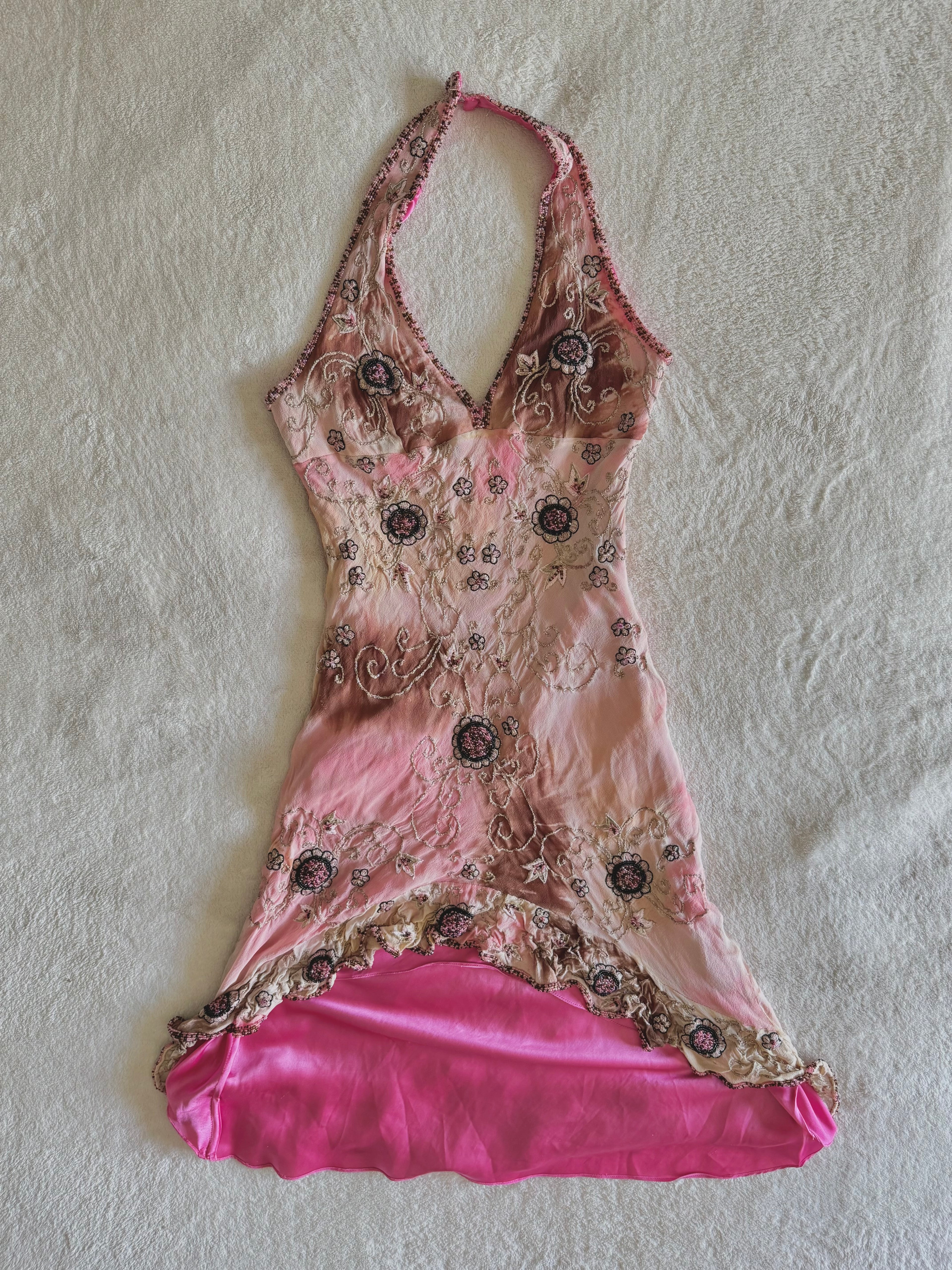 90’s vintage silk pink and brown beaded floral pattern halterneck mini dress fairycore