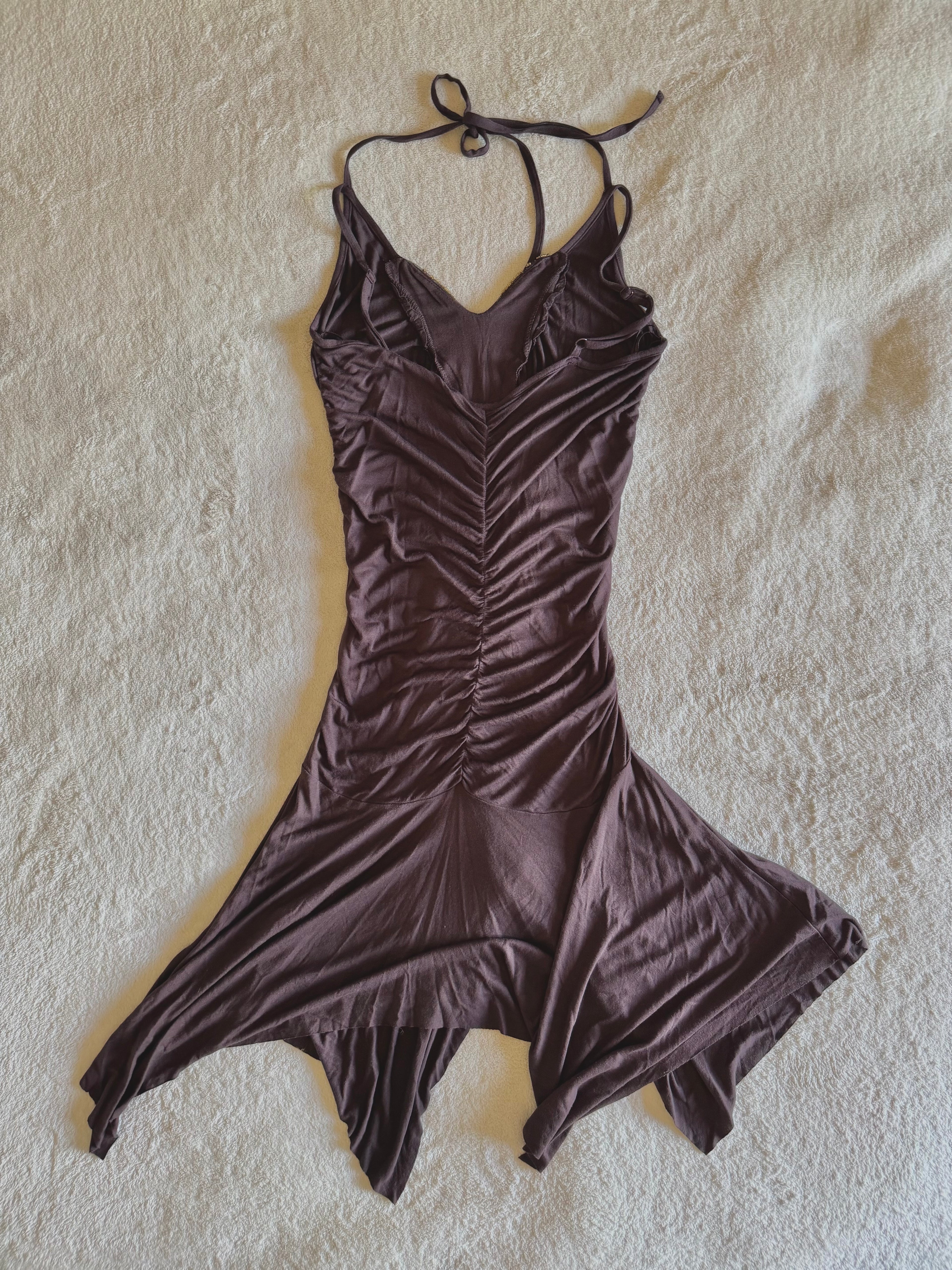 y2k vintage chocolate brown rushed asymmetrical hem midi halterneck dress with golden sequins
