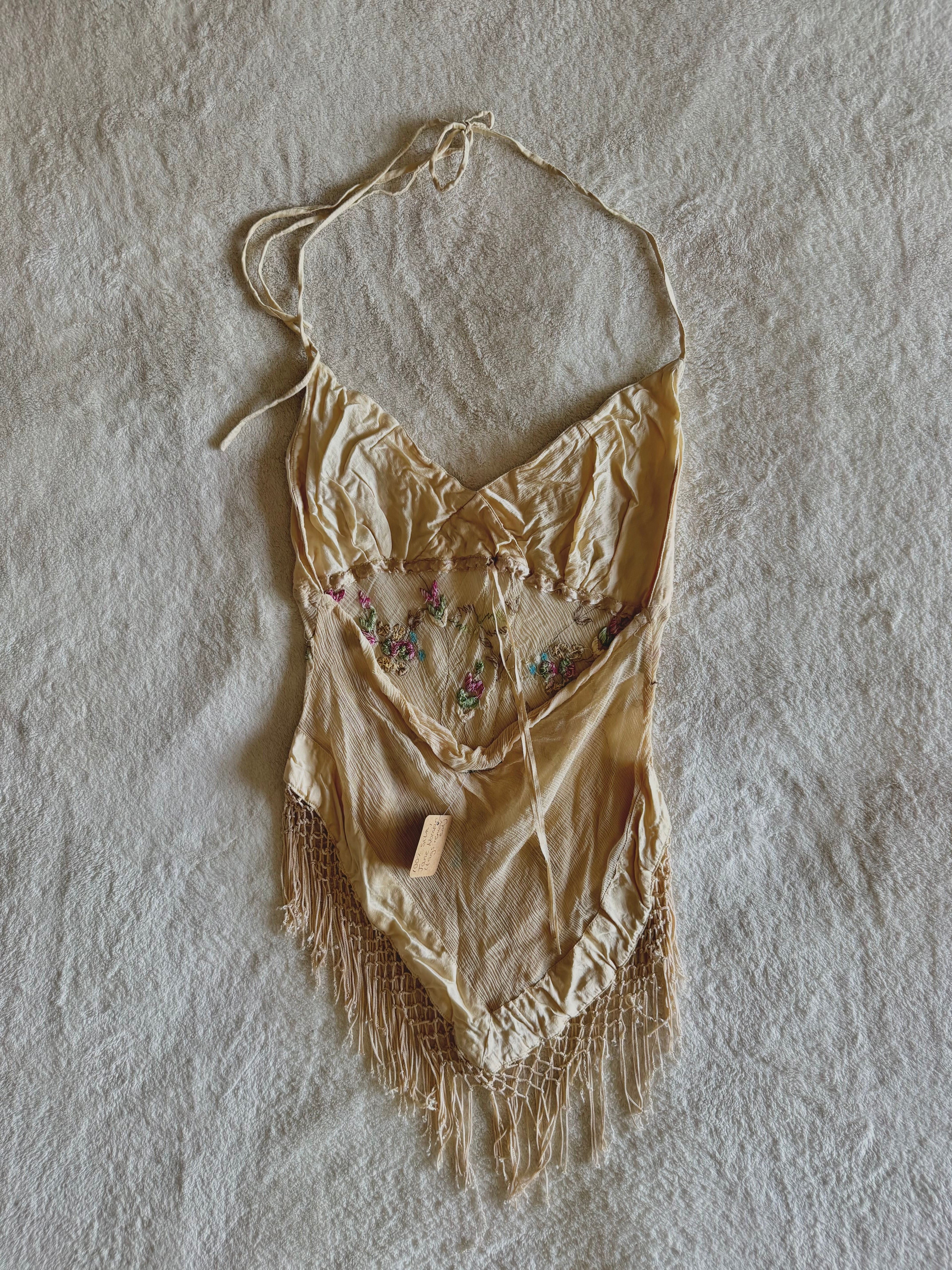 y2k vintage silk floral embroidery fitted halterneck top with lattice tassels festival western