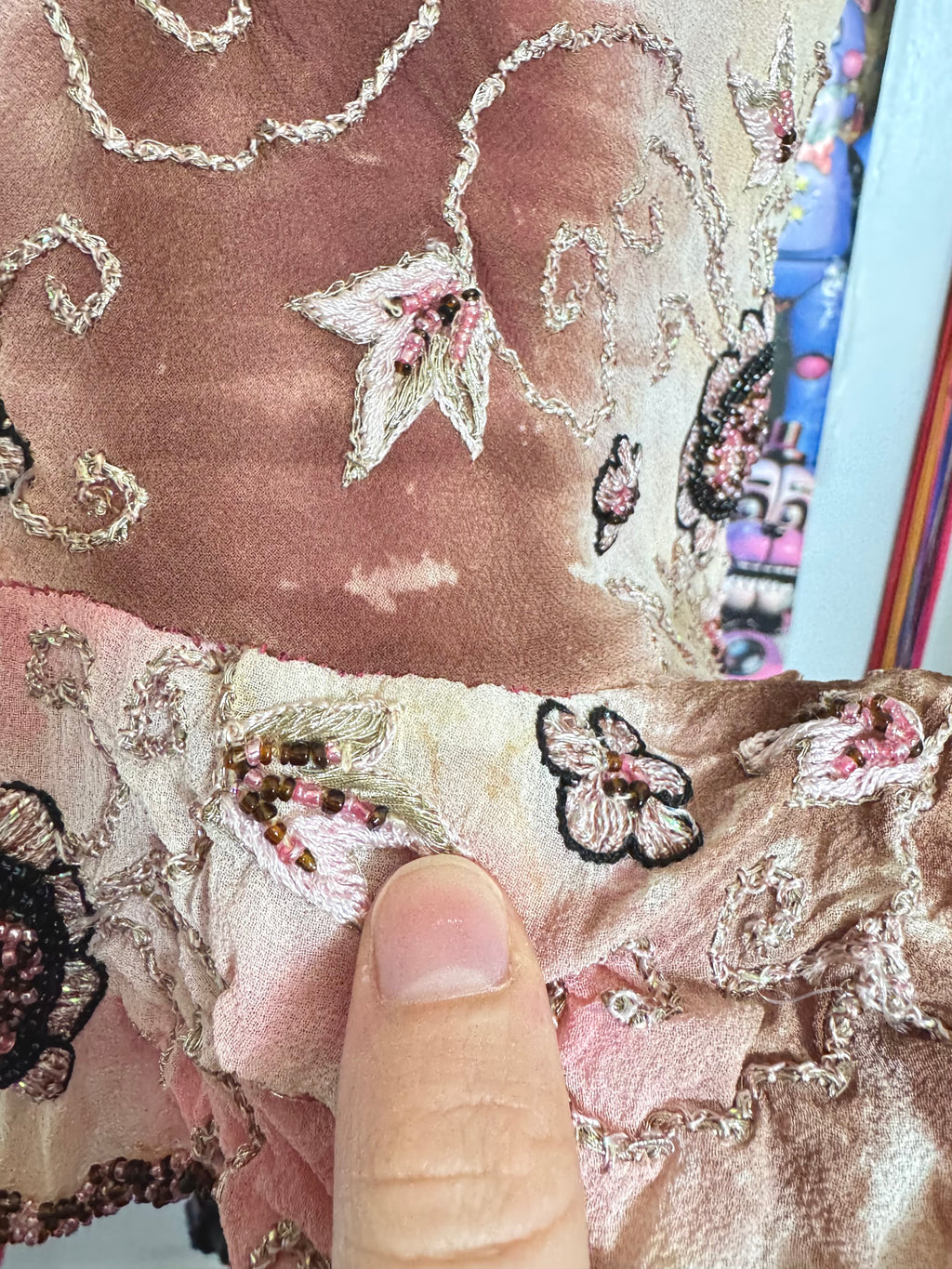 90’s vintage silk pink and brown beaded floral pattern halterneck mini dress fairycore