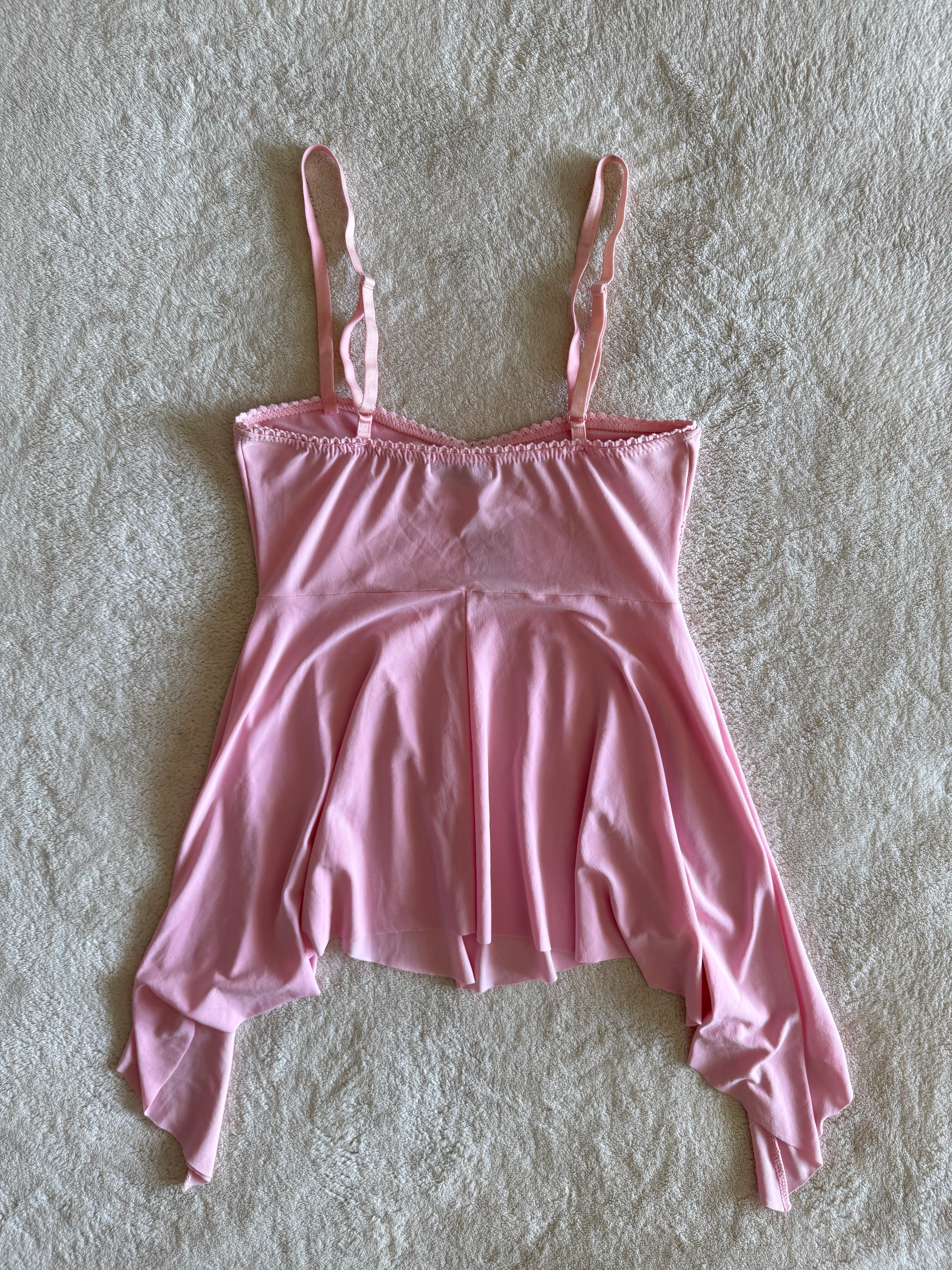 y2k vintage baby pink asymmetrical fairy hem ruched beaded cami top