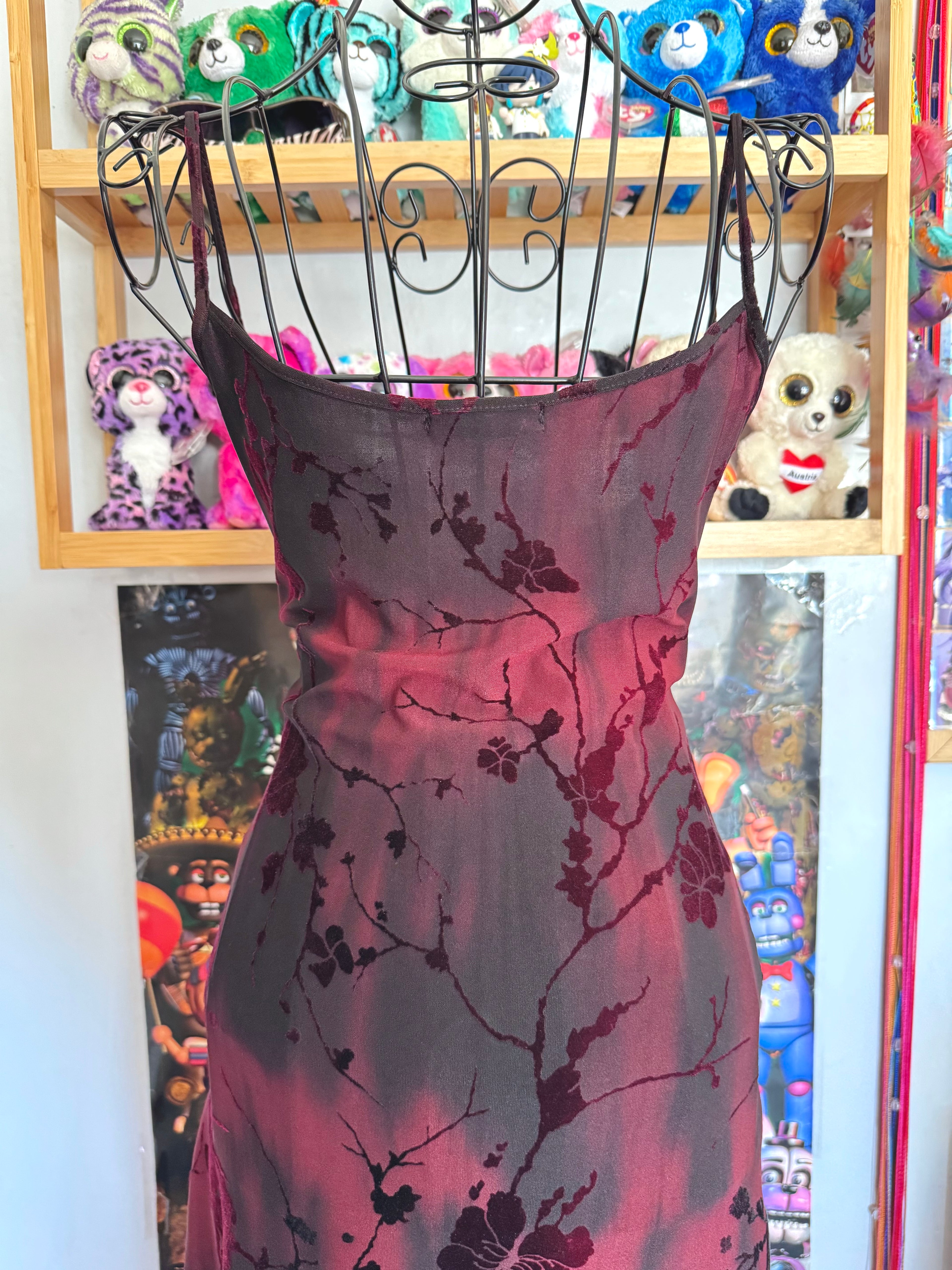 y2k vintage red and black velvet floral midi dress