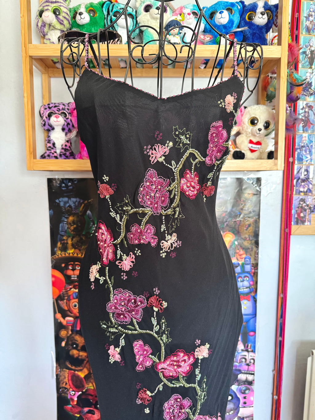 y2k vintage silk asymmetrical hem tassel maxi dress with beautiful floral embroidery