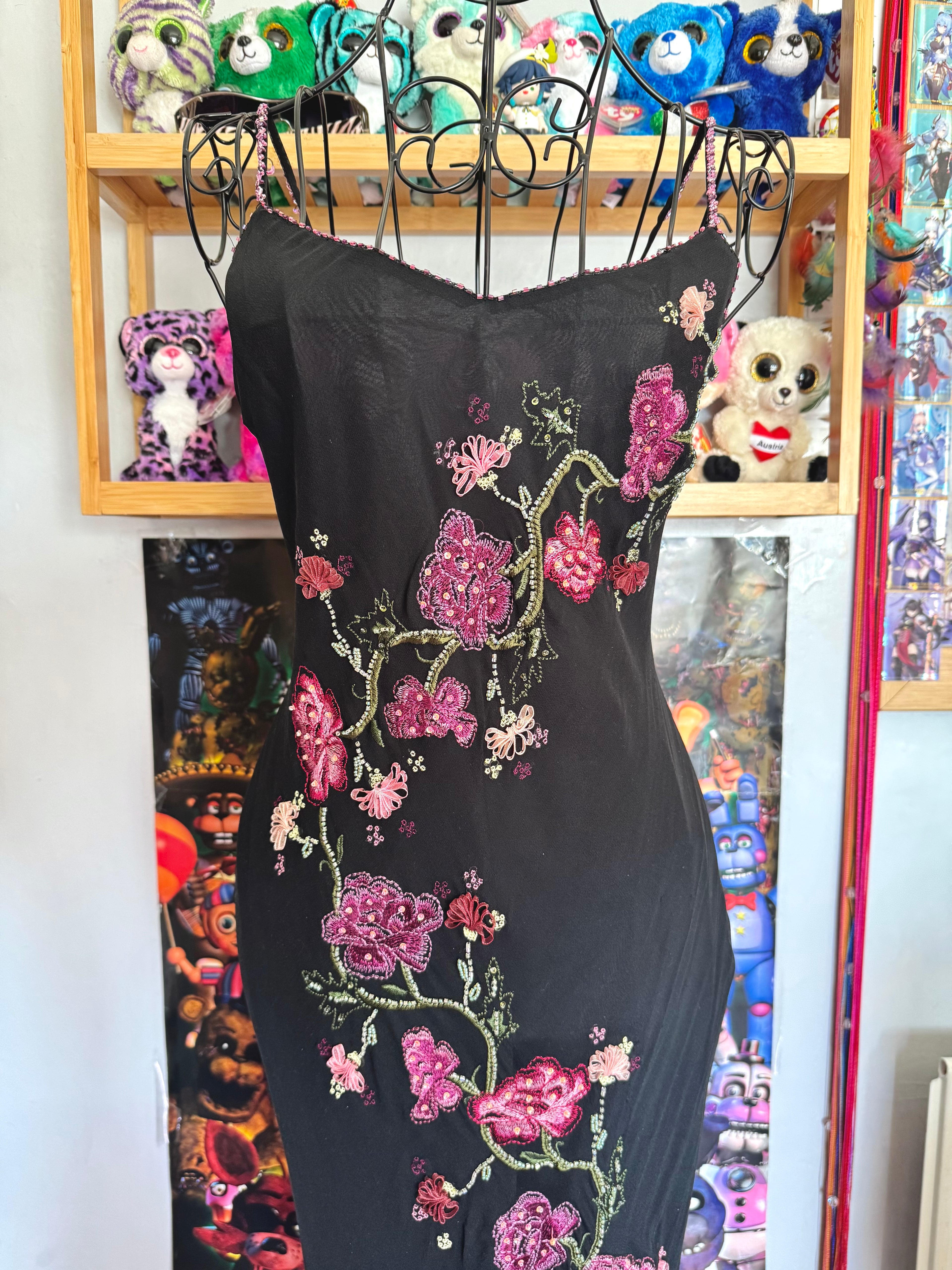 y2k vintage silk asymmetrical hem tassel maxi dress with beautiful floral embroidery