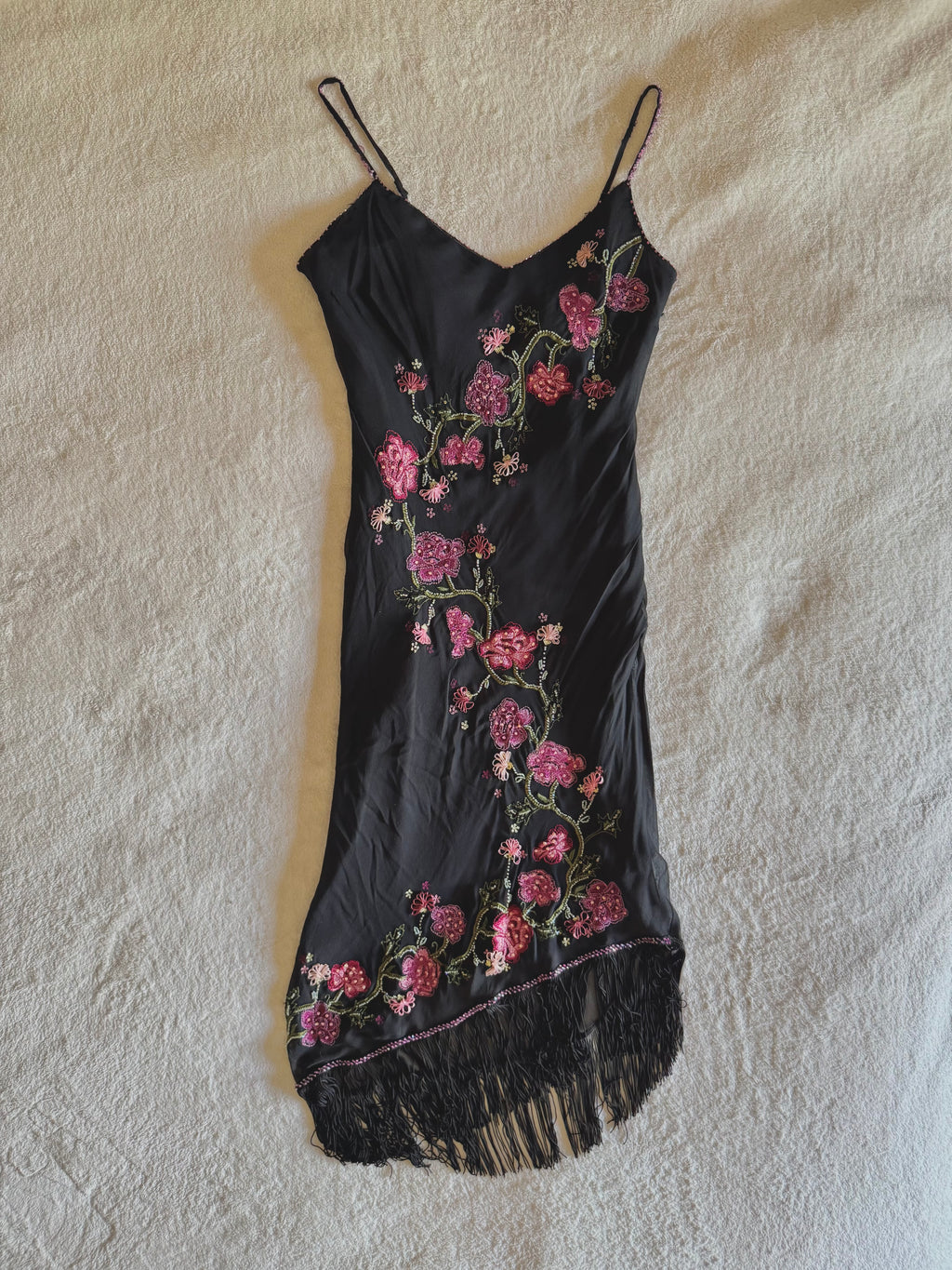 y2k vintage silk asymmetrical hem tassel maxi dress with beautiful floral embroidery