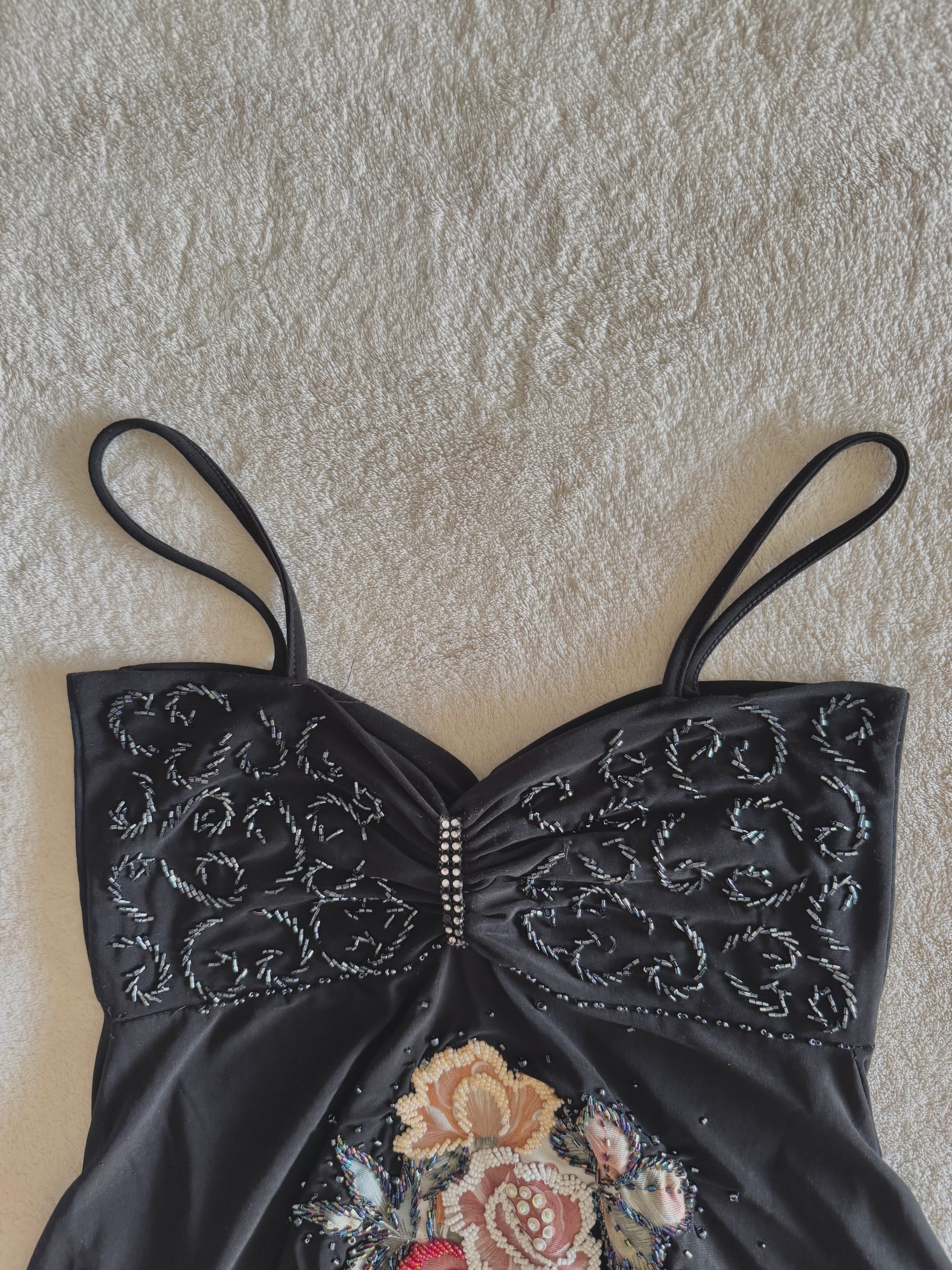 y2k vintage black slinky asymmetrical hem fairycore sequin embellished cami top