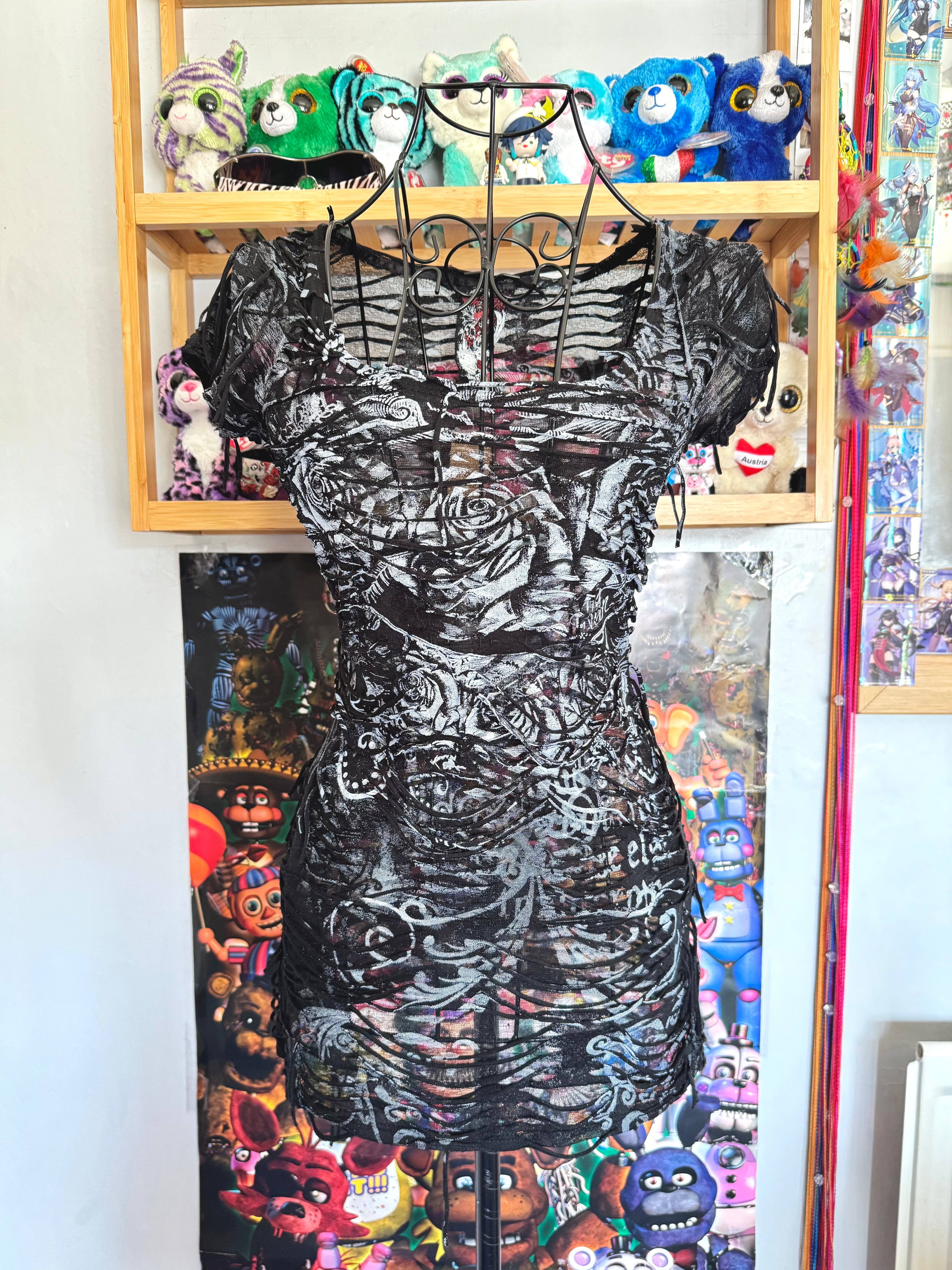 y2k vintage insane slashed graphic rose print sheer fitted tee grunge