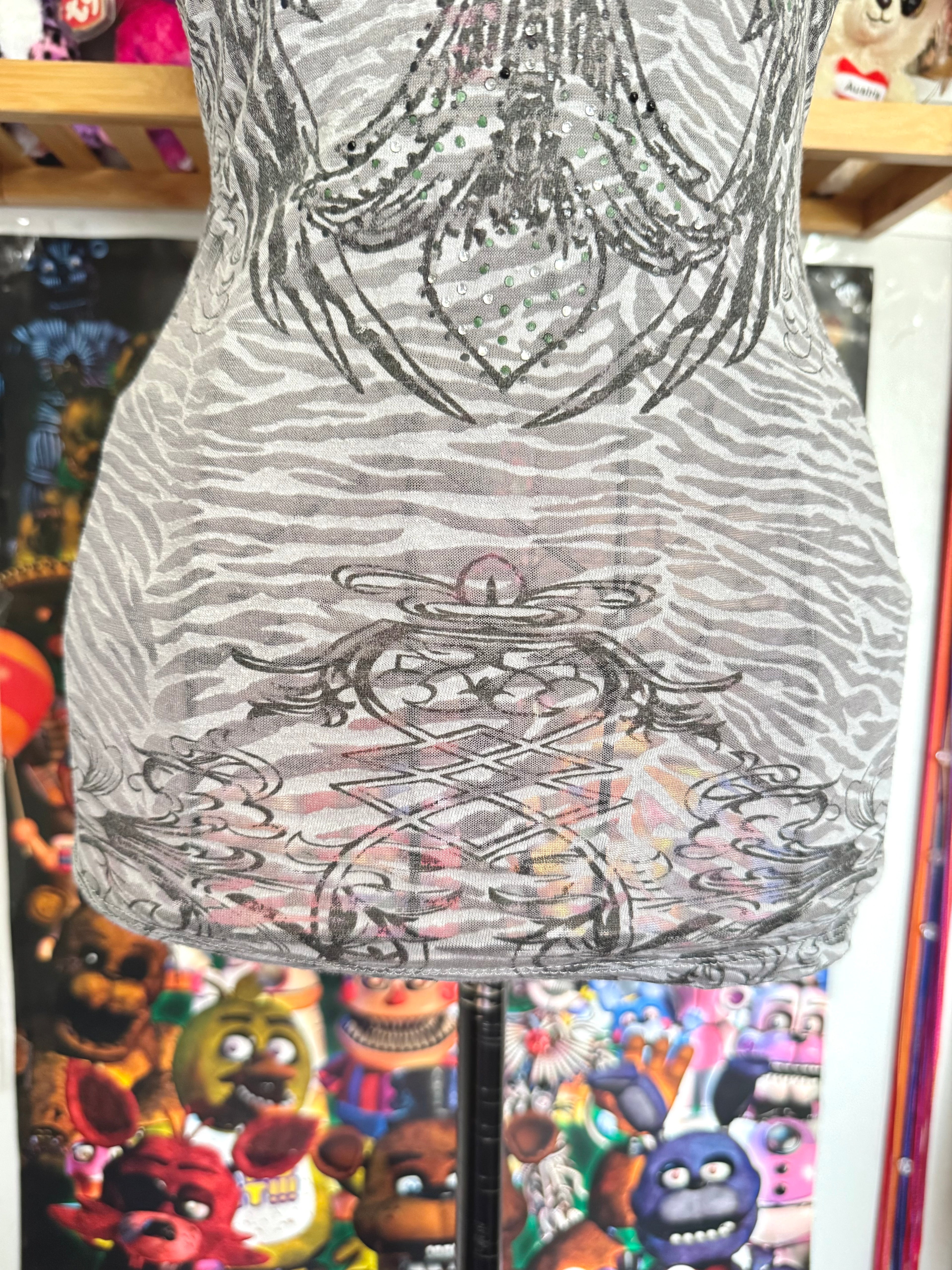 y2k vintage sheer graphic wings fitted tee with rhinestone embellishments affliction mcbling