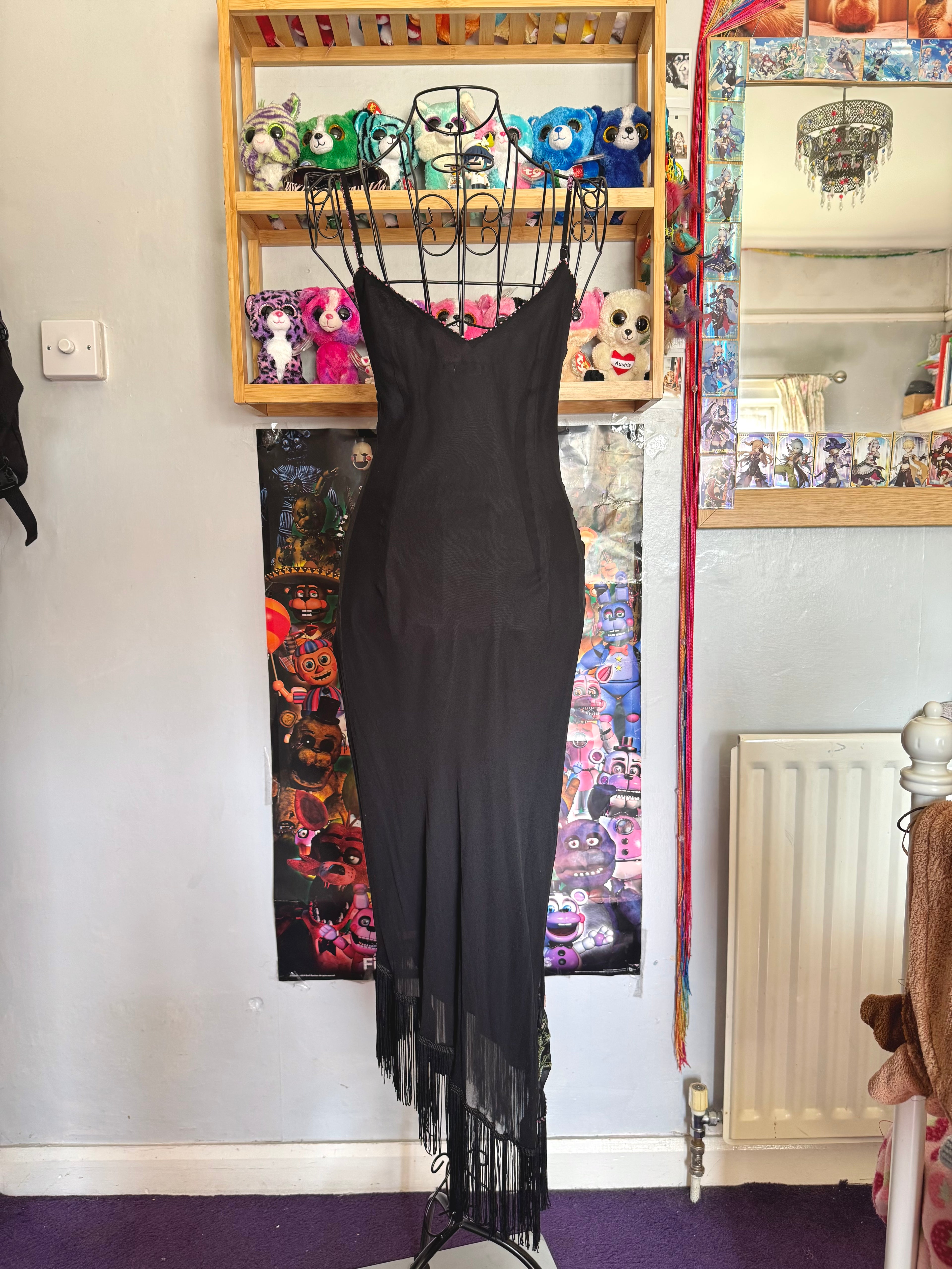 y2k vintage silk asymmetrical hem tassel maxi dress with beautiful floral embroidery