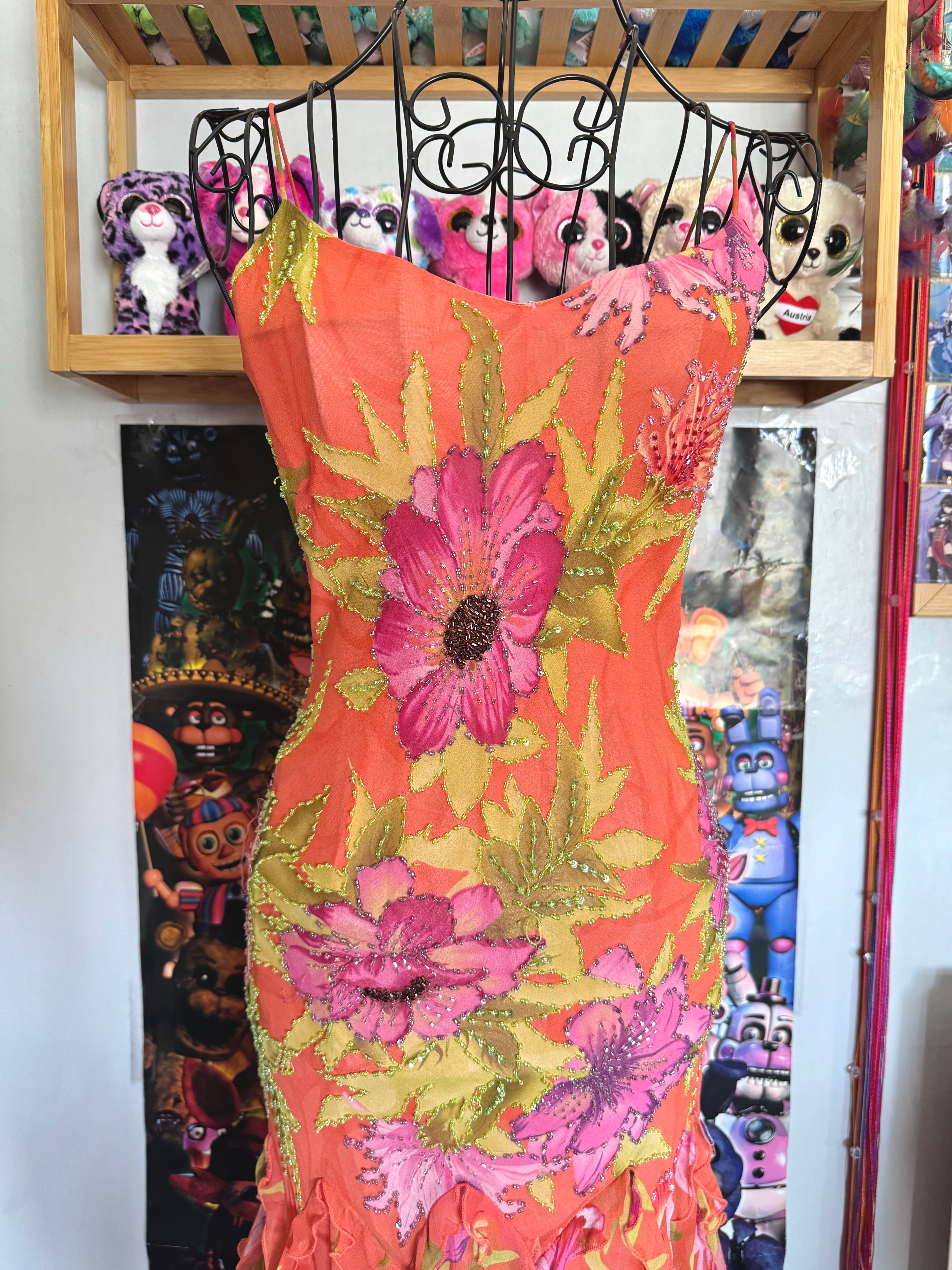 y2k vintage silk orange floral special occasion maxi dress with tassel hem