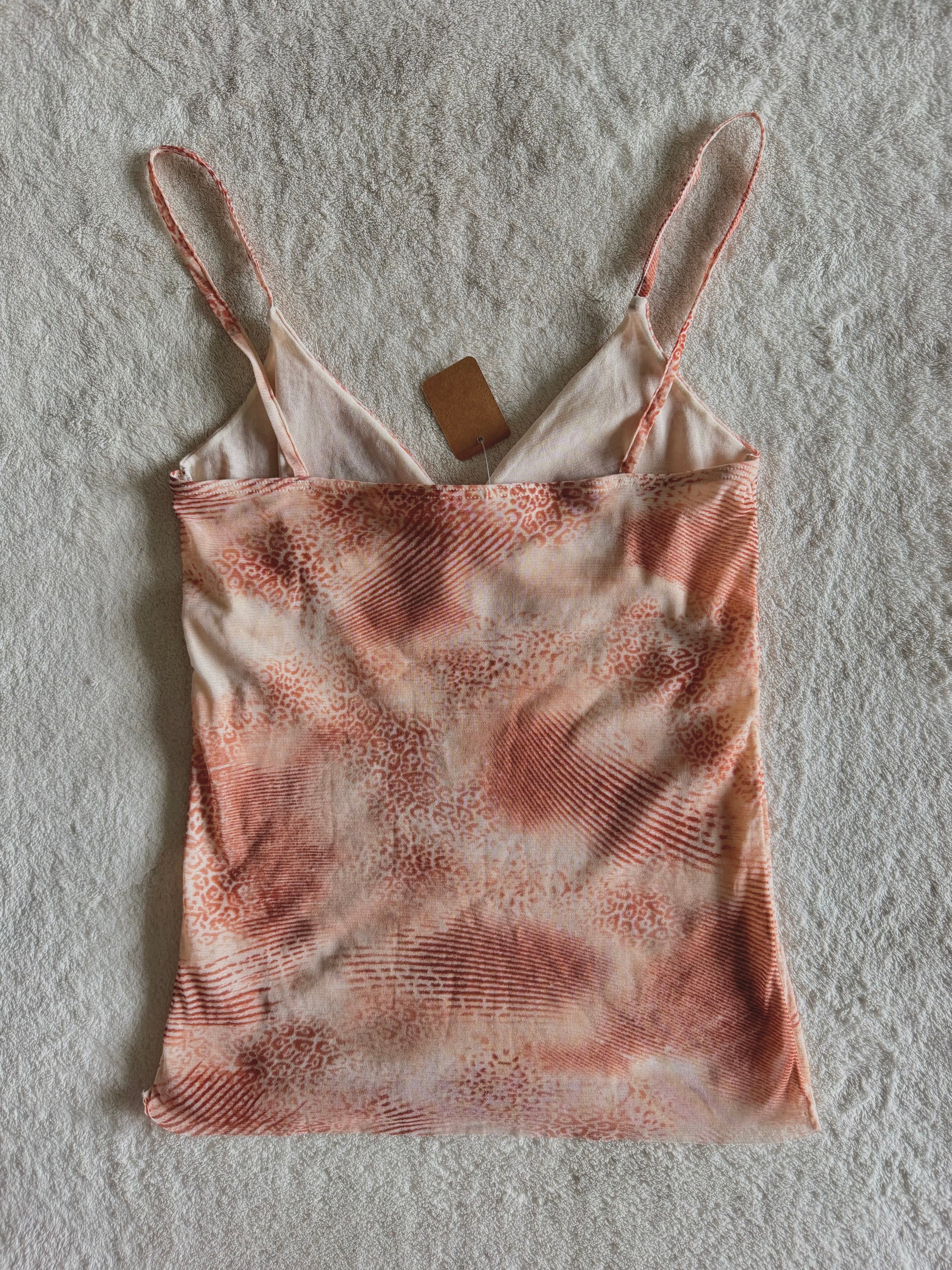 y2k vintage sheer mesh leopard print pink and tan cropped fitted cami top summer festival