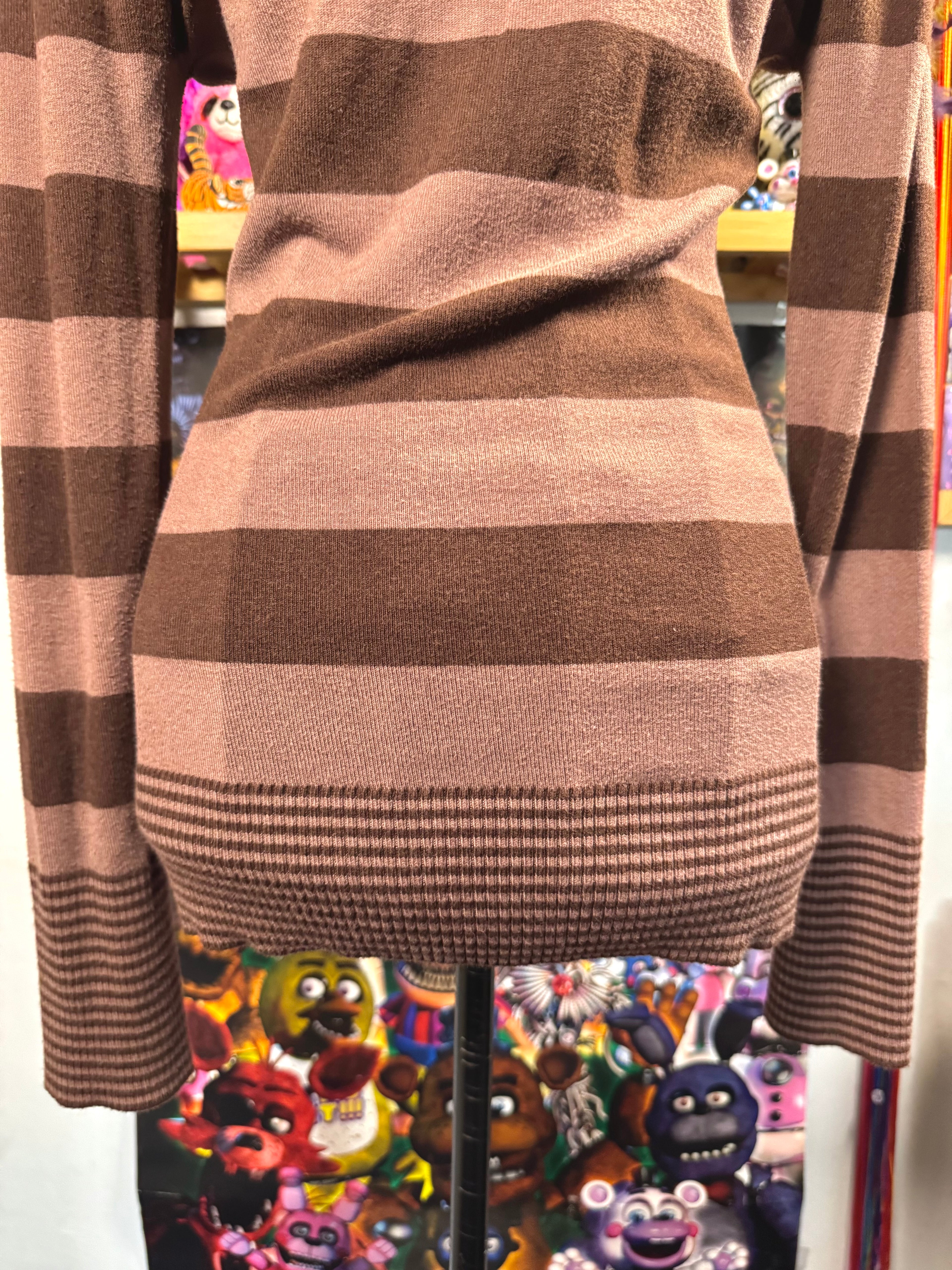 y2k vintage chocolate brown striped long sleeved vneck fitted jumper