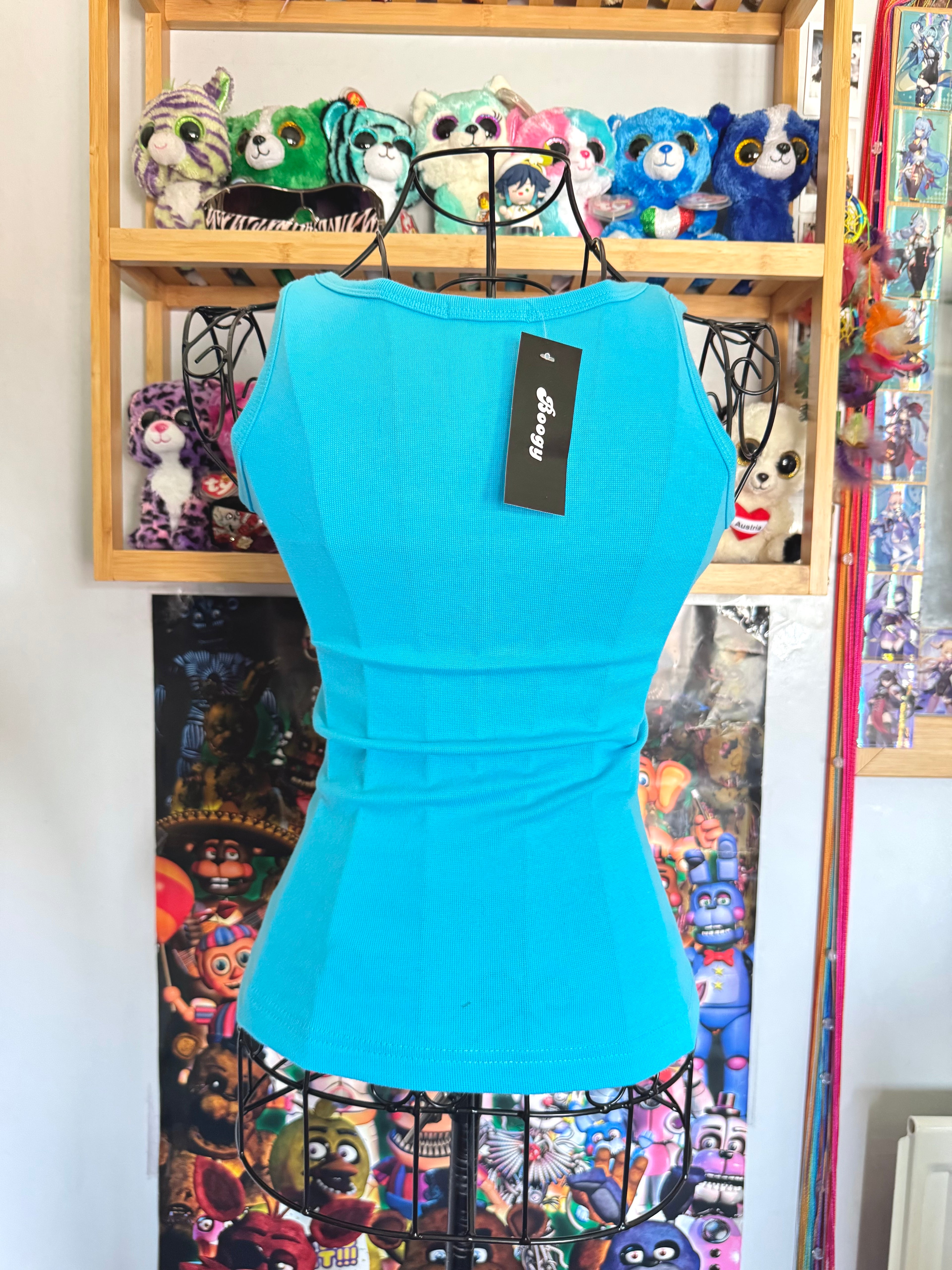 y2k vintage deadstock bnwt aqua blue metallic graphic sleeveless vest top