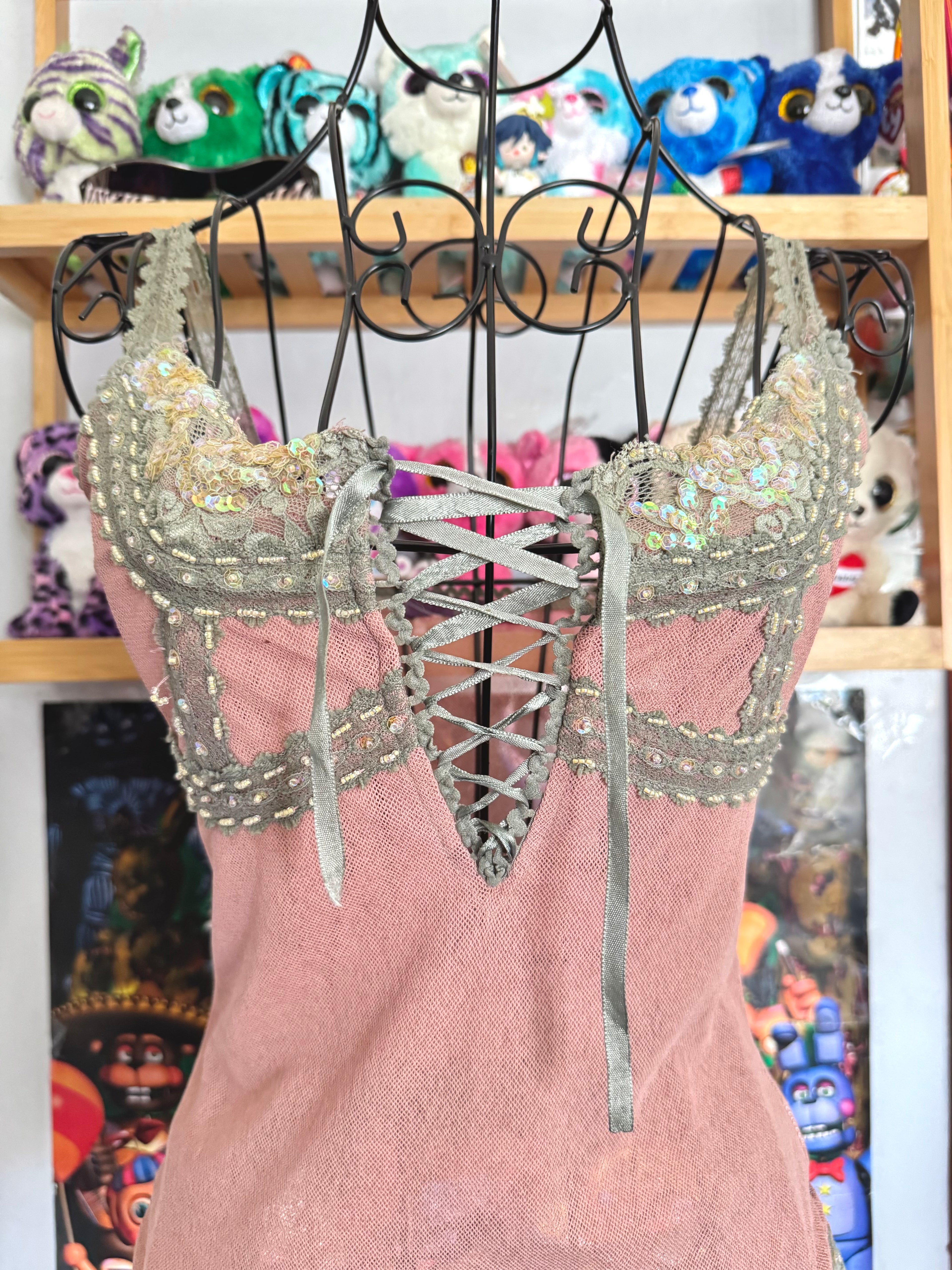 y2k vintage dusky pink and green fitted lace up front cami top fairycore