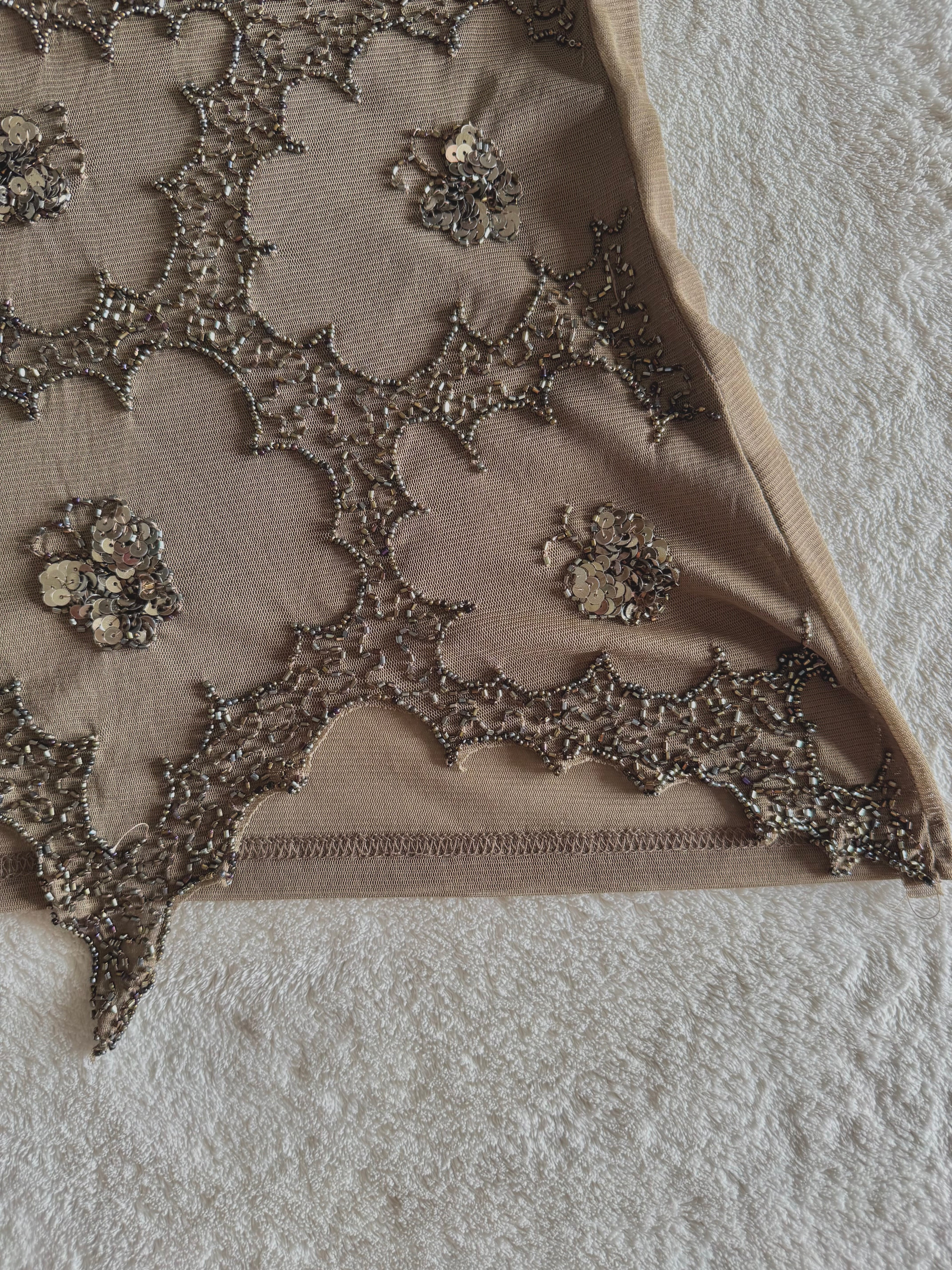 y2k vintage khaki brown sheer mesh butterfly sequinned cami top with jagged asymmetrical hem fairy