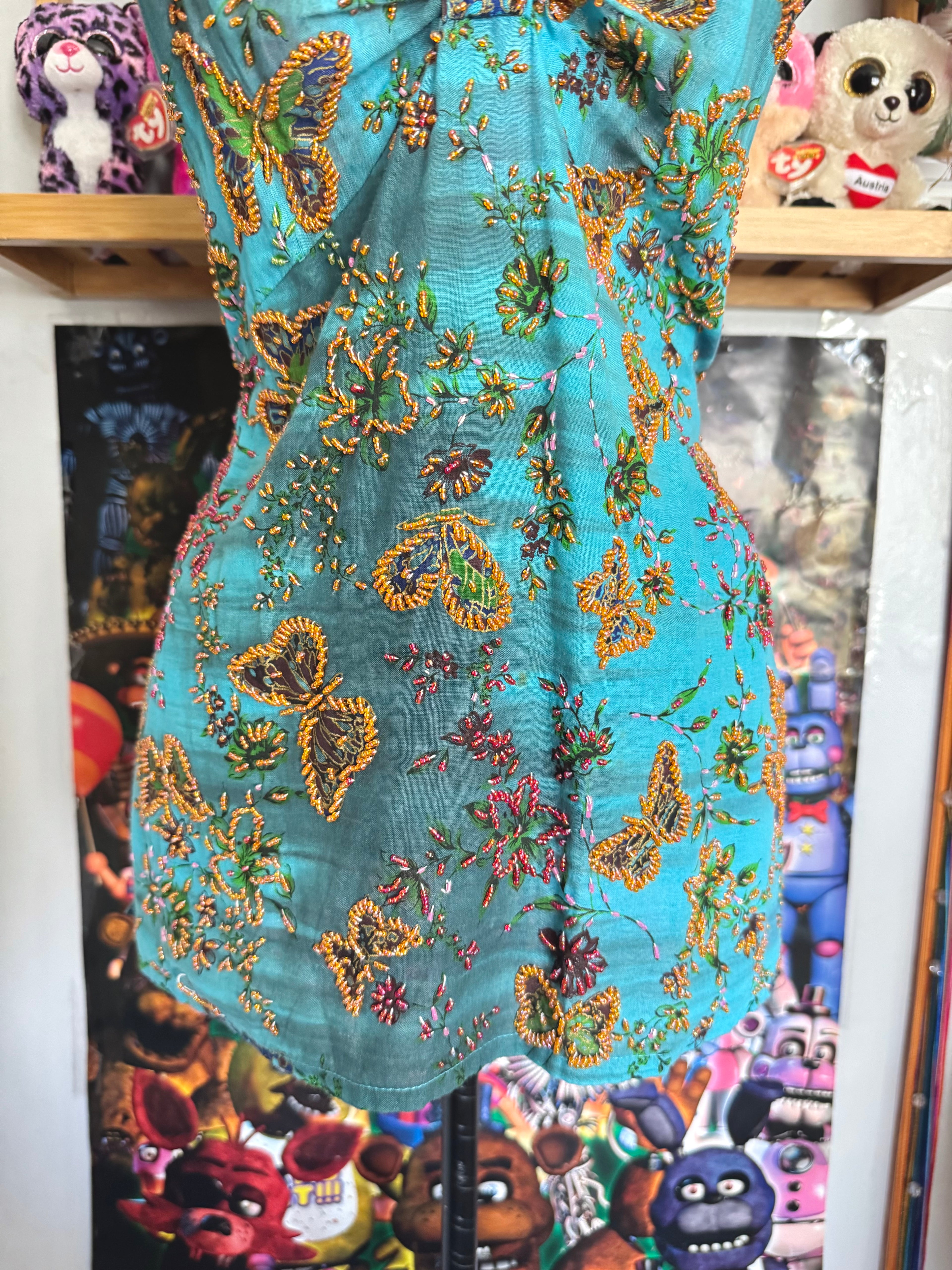 y2k vintage aqua and teal blue fitted beaded butterfly halterneck cami top