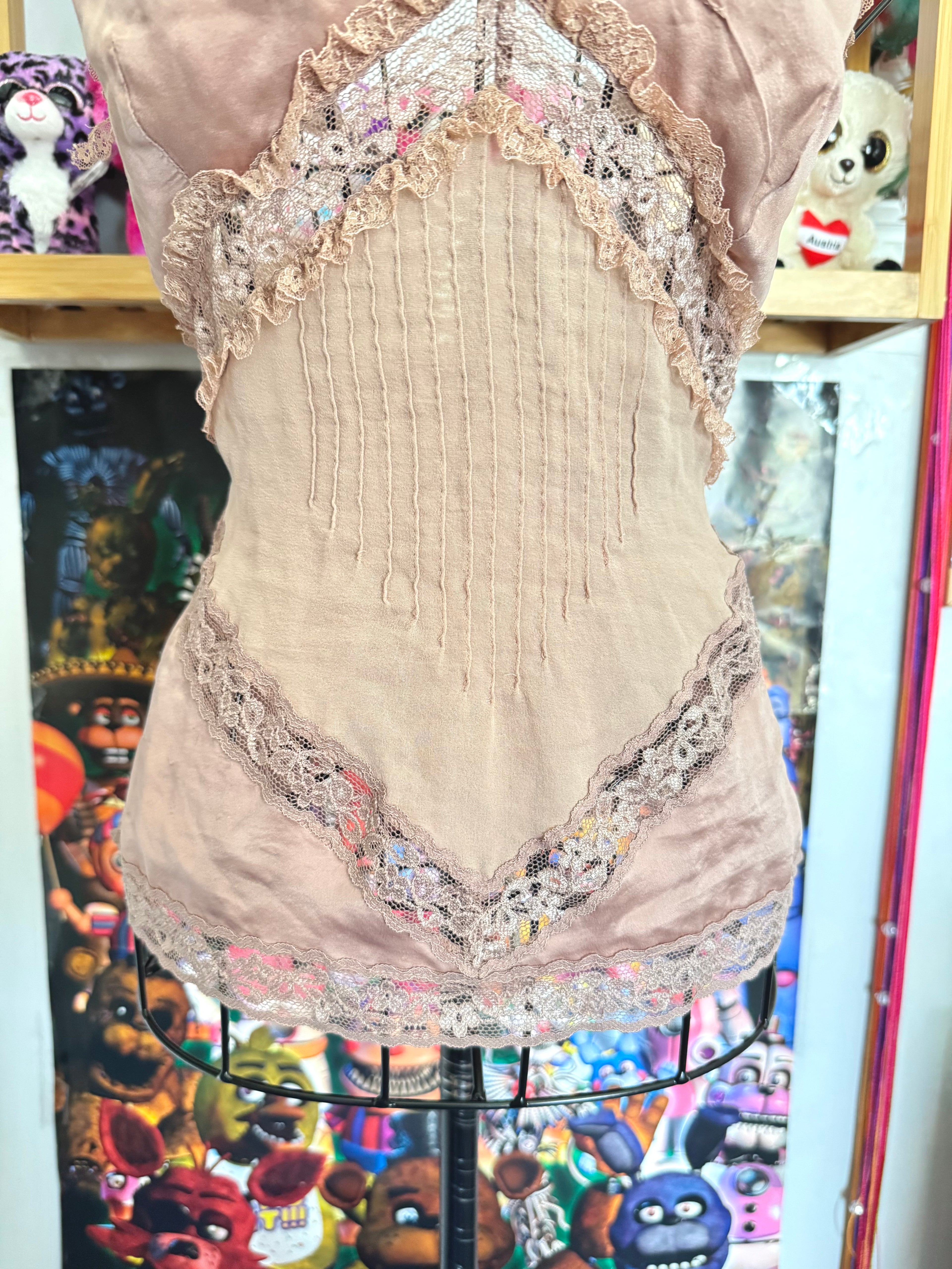 y2k vintage silk dusky pink fitted floral lace trim cami top
