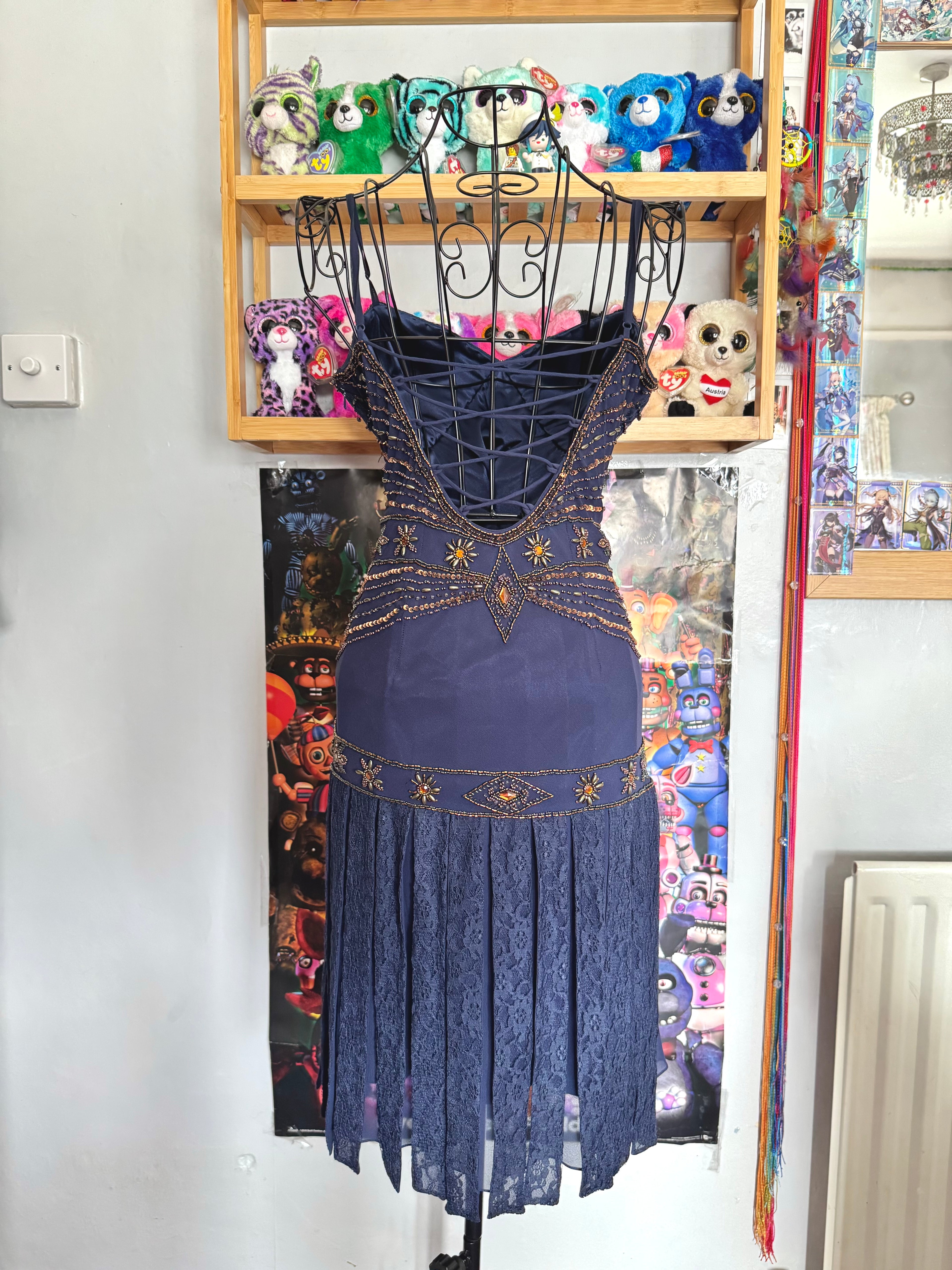 vintage 90’s royal navy blue silk dress gold and bronze beading embellishments astrology astronomy