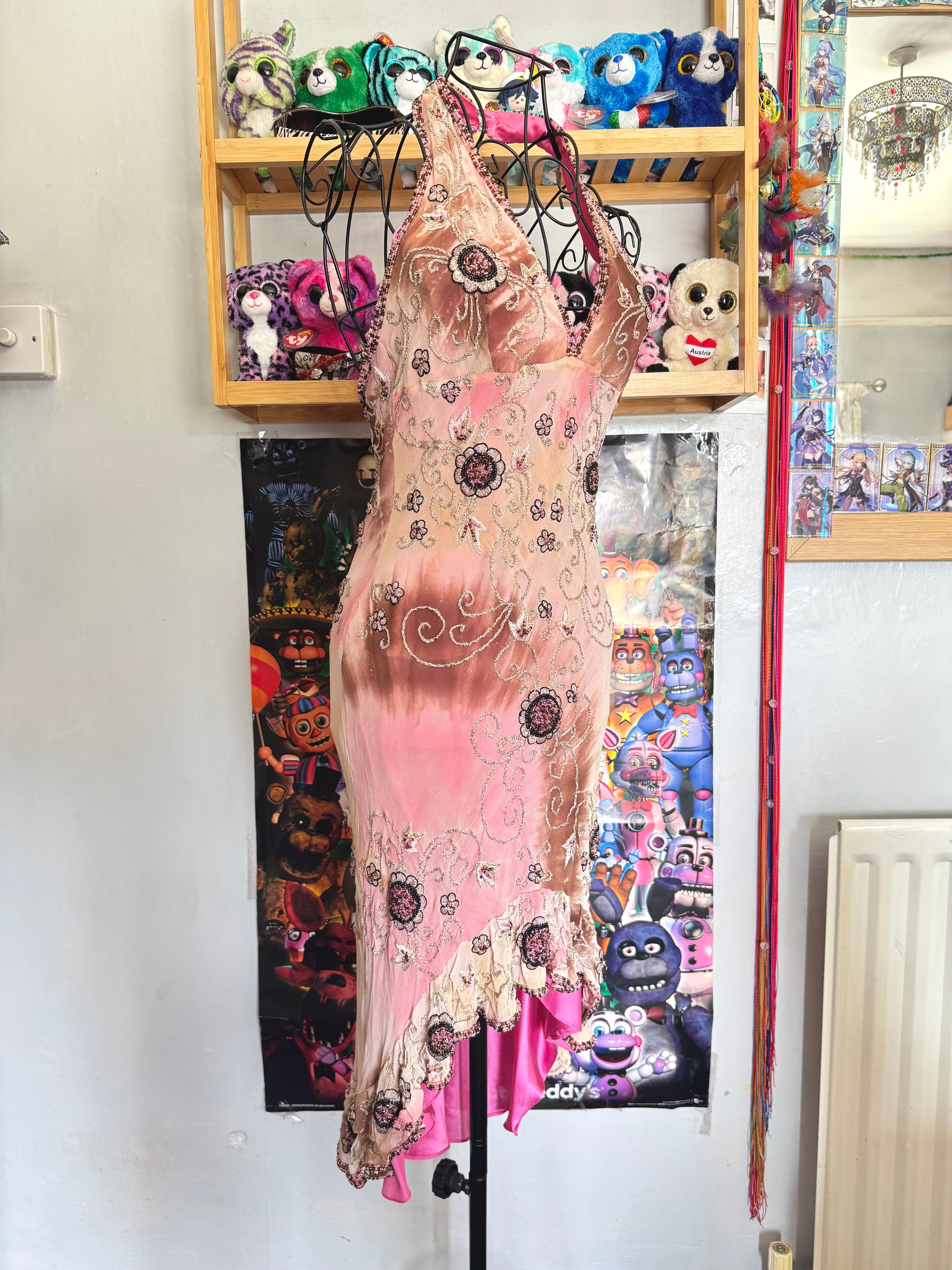 90’s vintage silk pink and brown beaded floral pattern halterneck mini dress fairycore