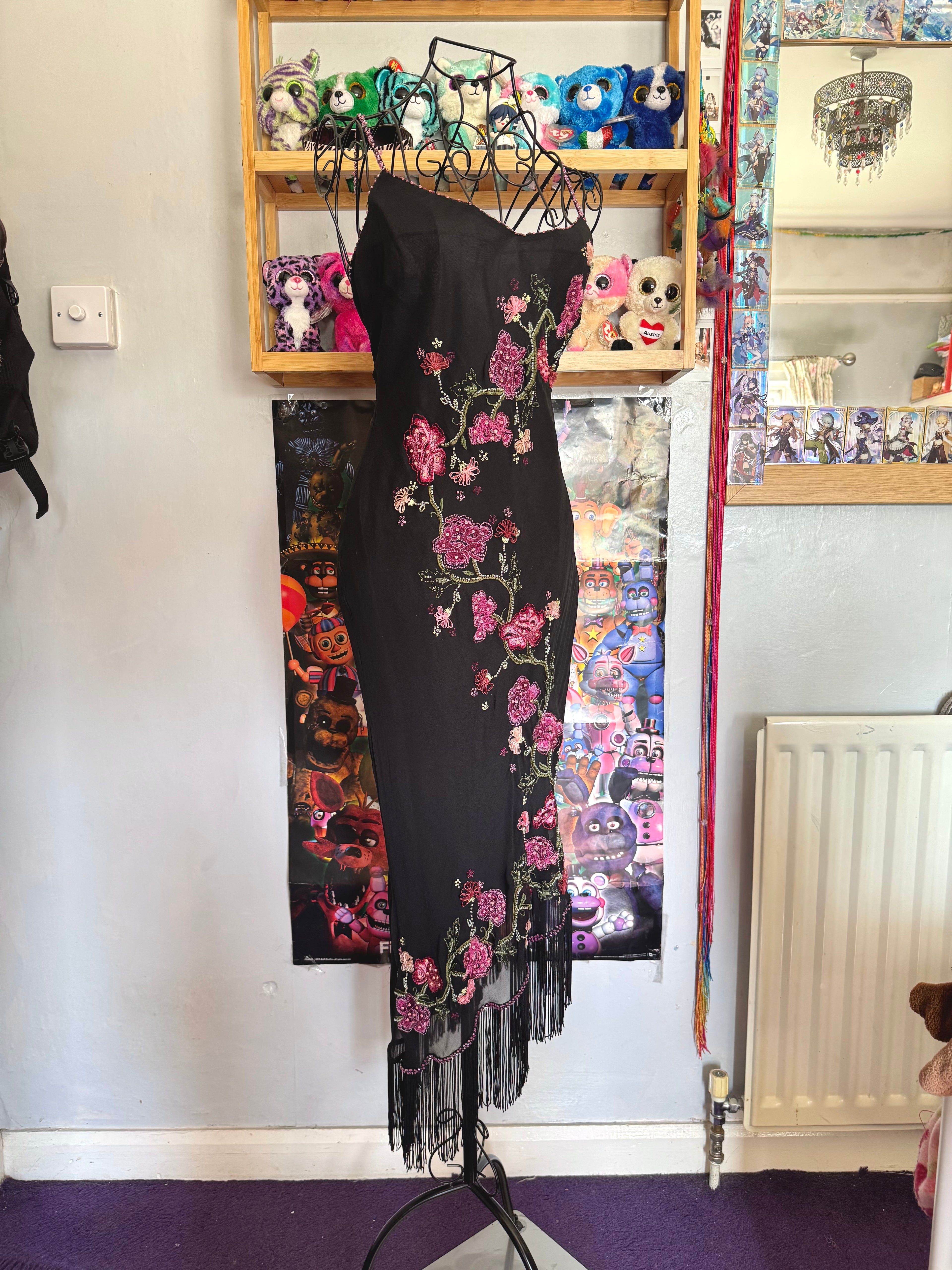 y2k vintage silk asymmetrical hem tassel maxi dress with beautiful floral embroidery