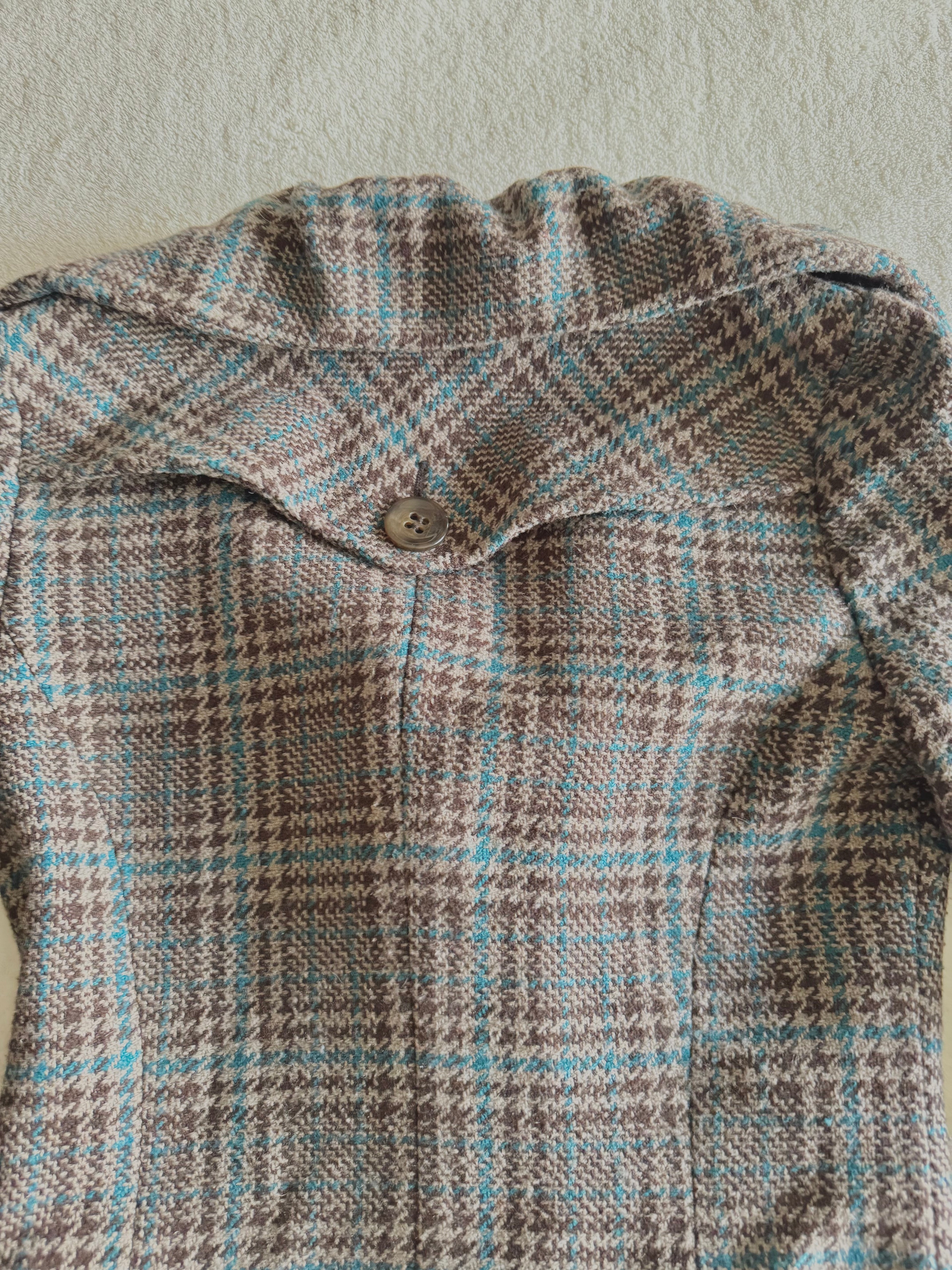 y2k vintage funnel neck plaid button up peacoat with detachable adjustable belt