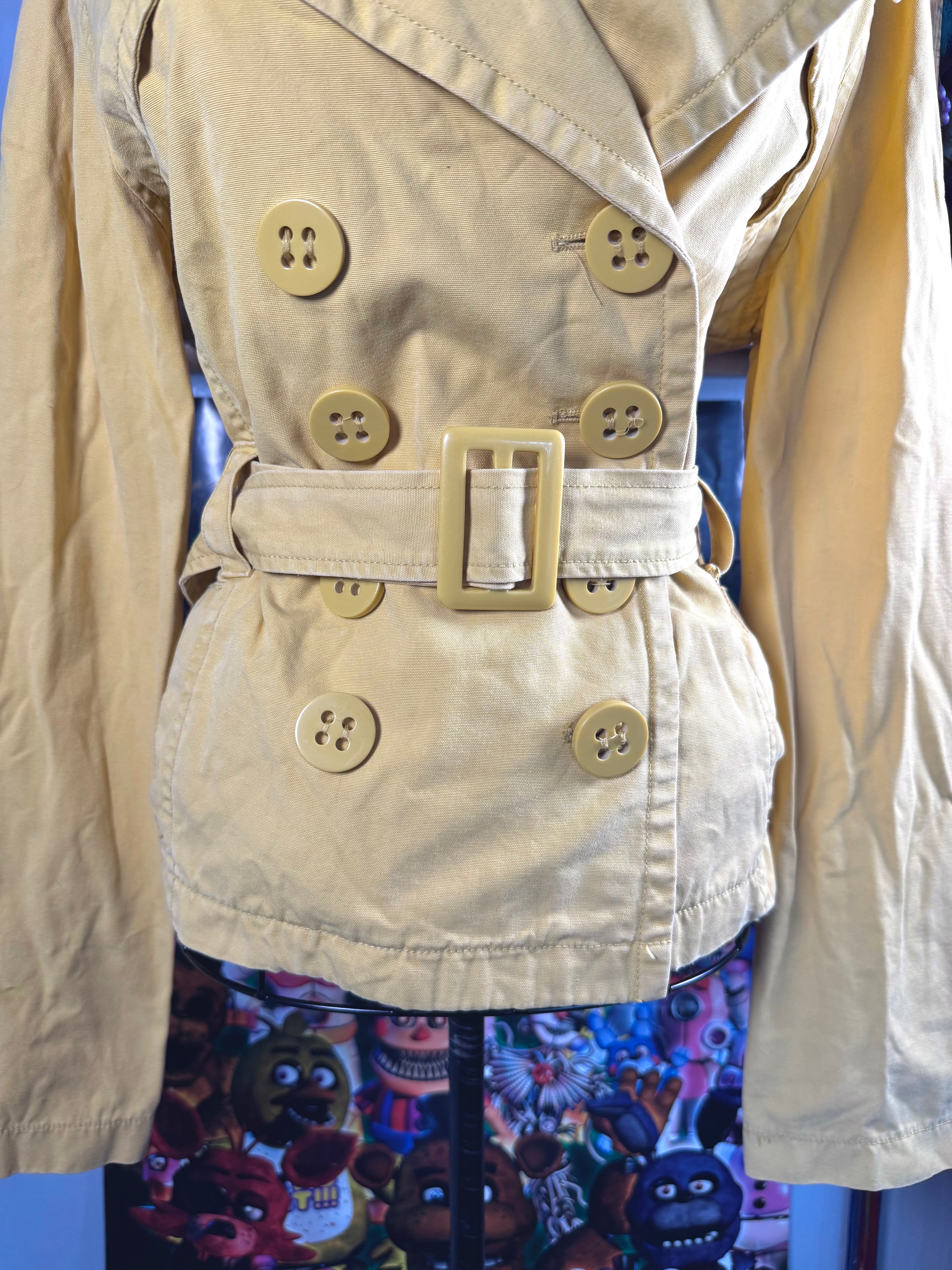 y2k vintage mustard yellow fitted button up peacoat with adjustable belt