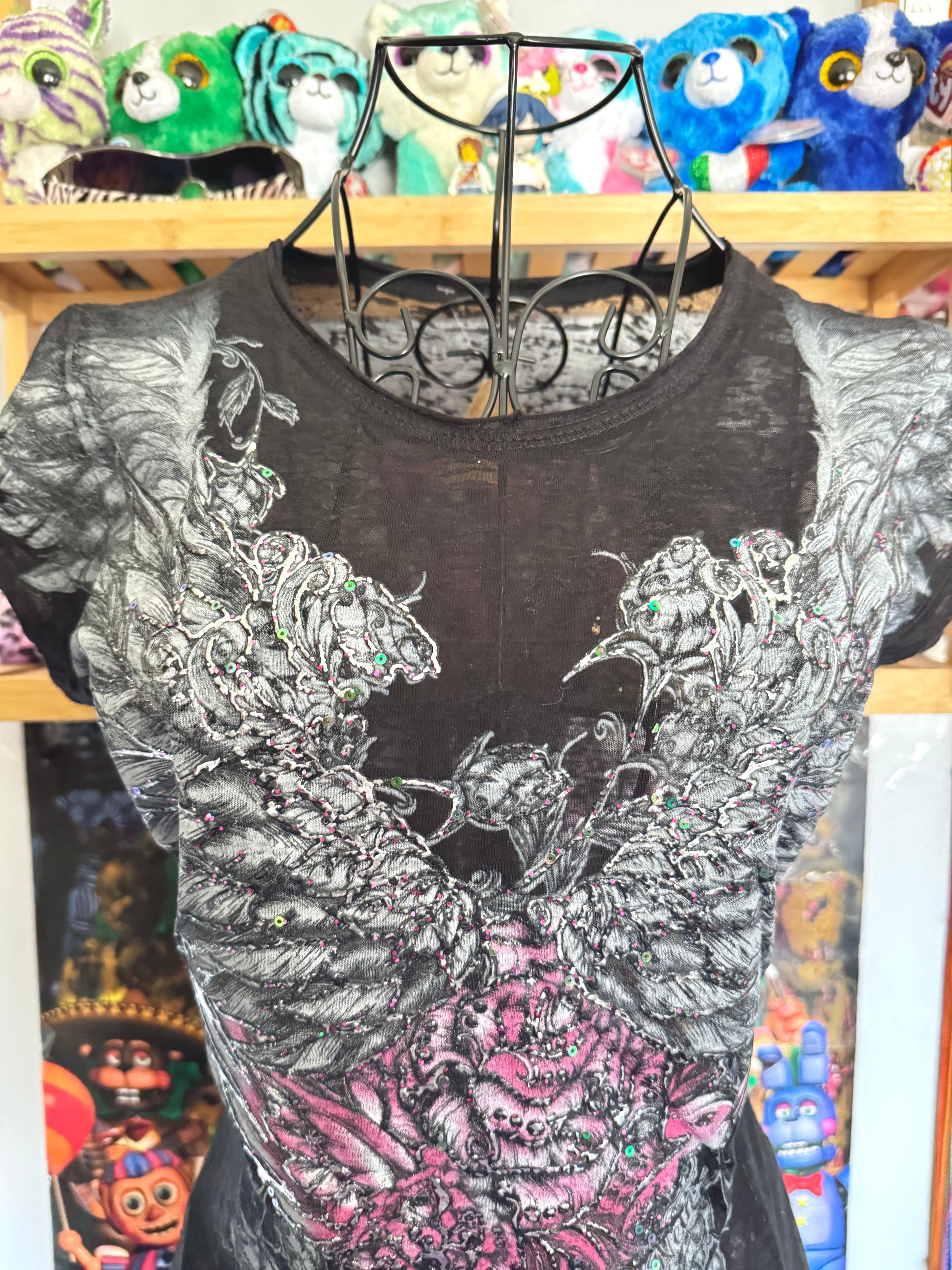 y2k vintage insane graphic angel wings print fitted sheer tee