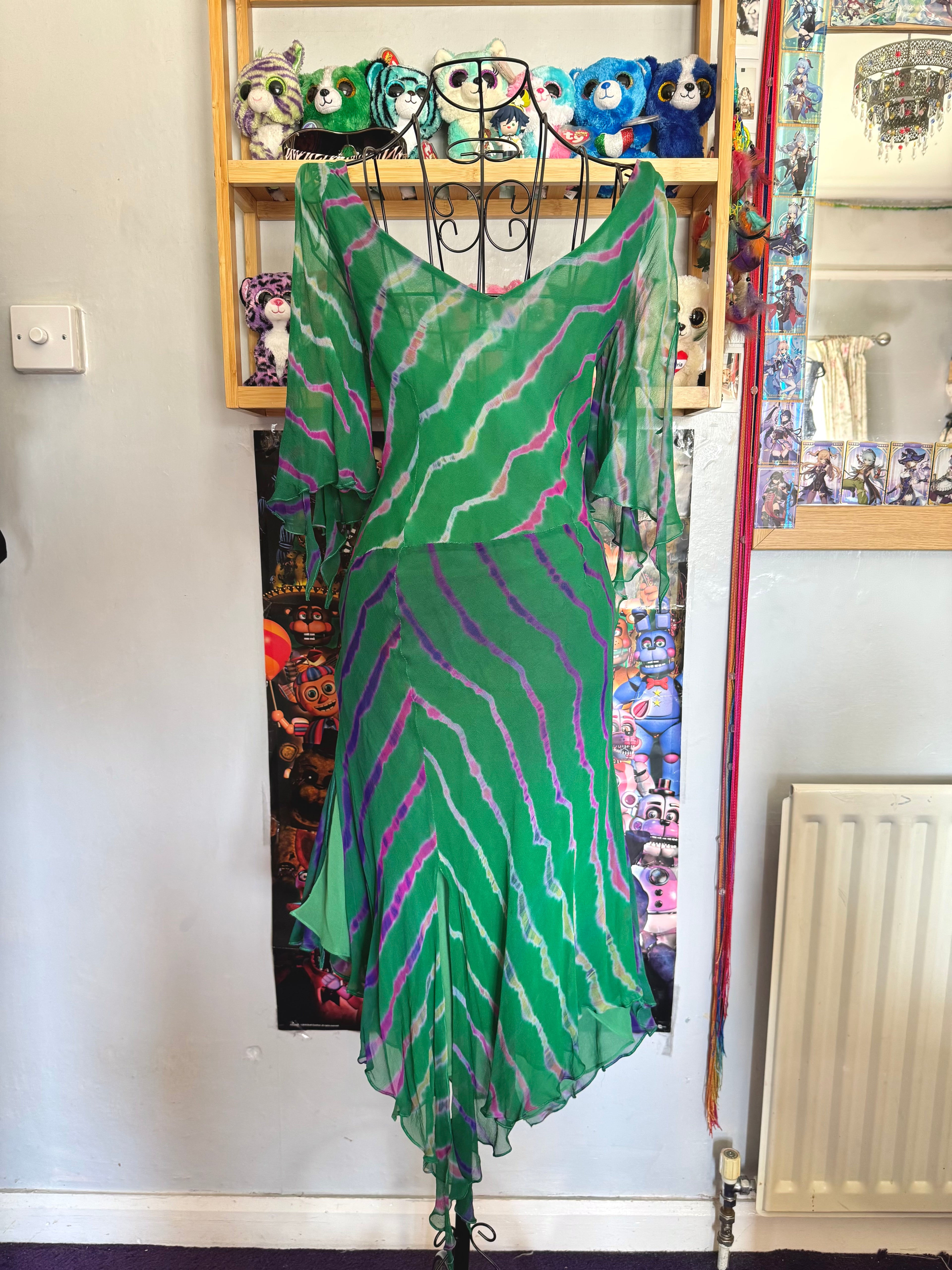 y2k vintage silk green flowy midaxi length dress with multicoloured embroidered details