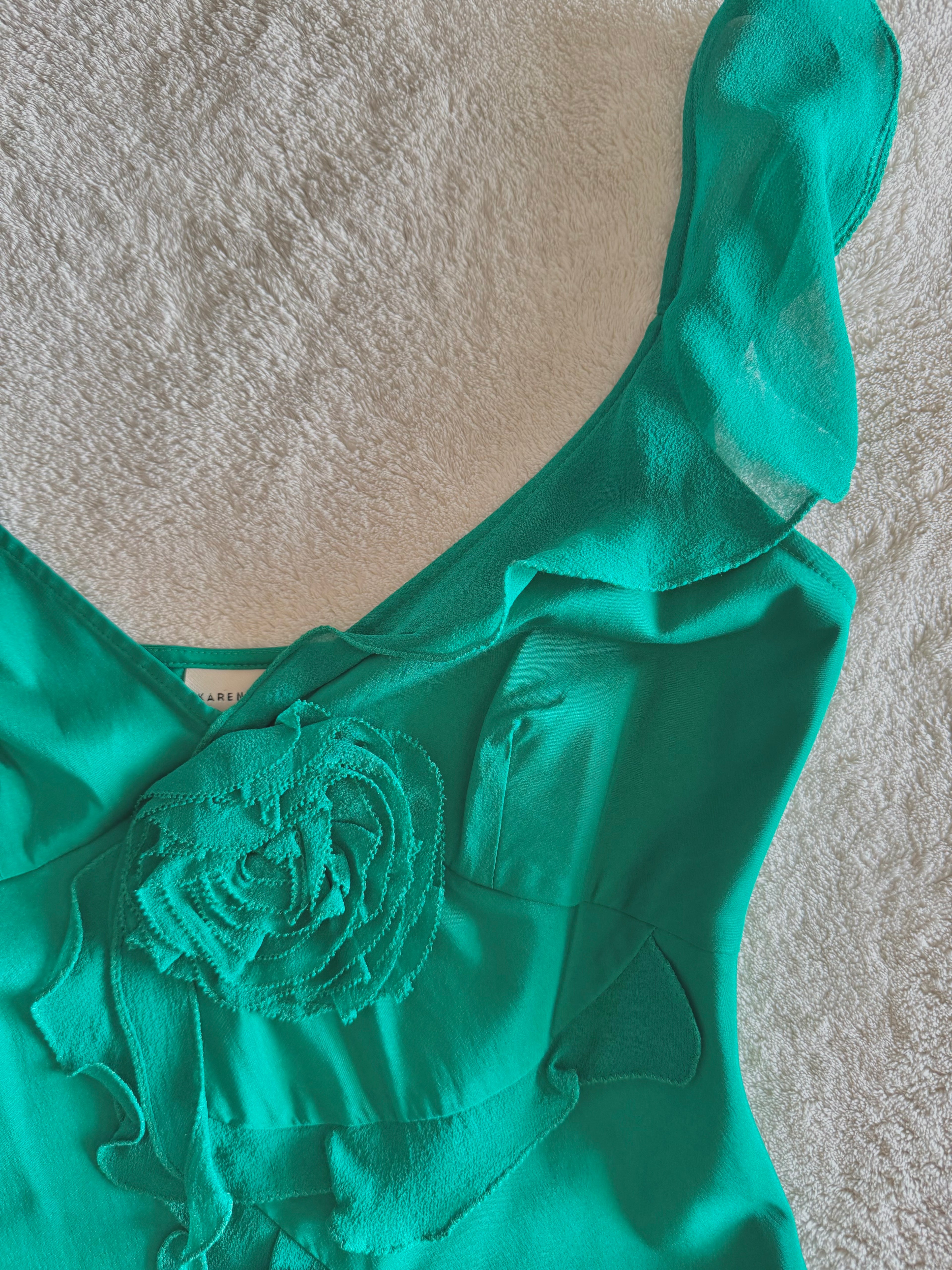 y2k vintage silk emerald green floral layered asymmetrical hem cami top