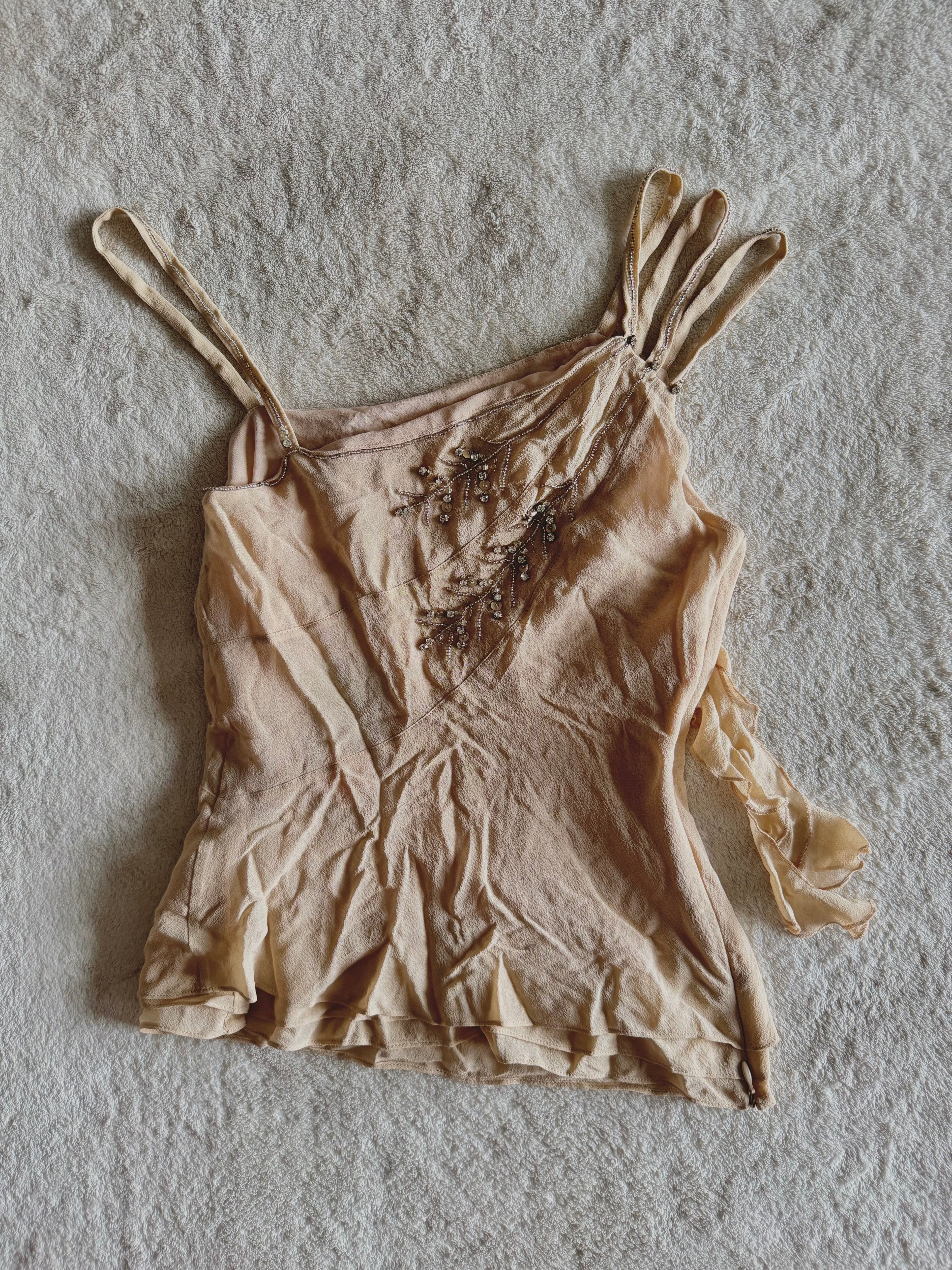 y2k vintage bnwt deadstock beige fitted layered silk cami top with feathering and sequins