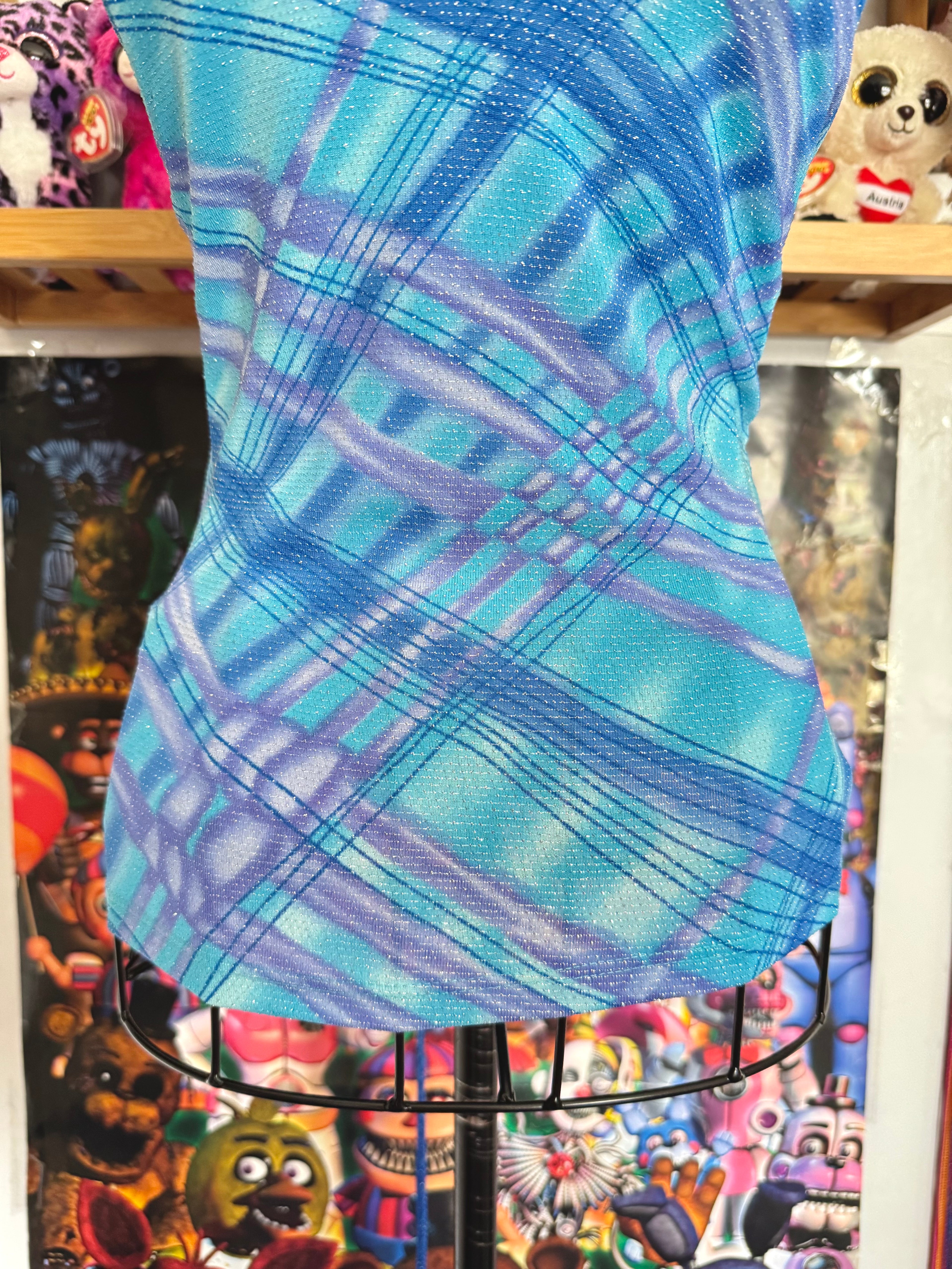 y2k vintage aqua blue fitted halterneck tie back top with glittery shimmer throughout