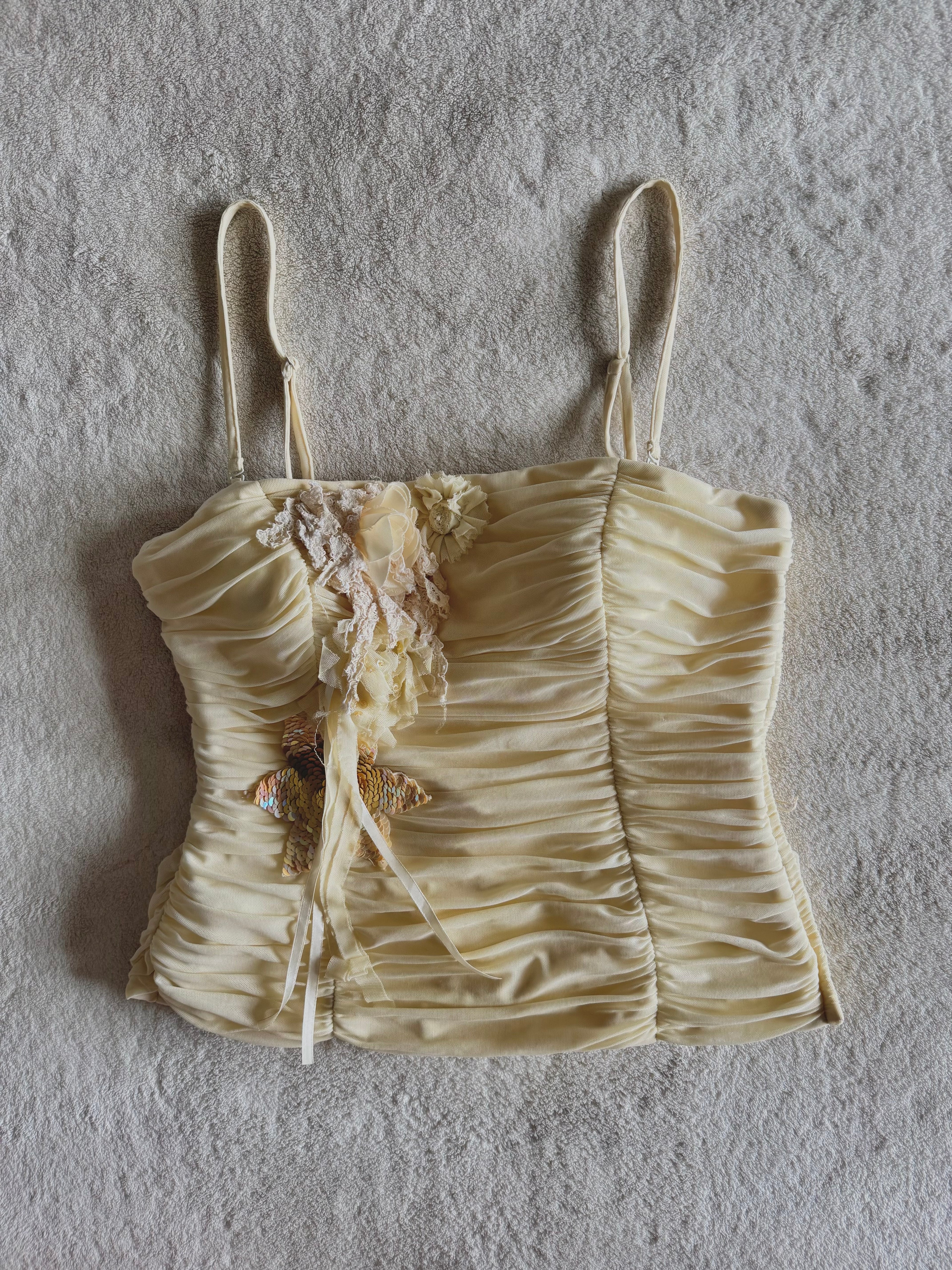 y2k vintage cream ruched boned and fitted corset top with sequins embellished