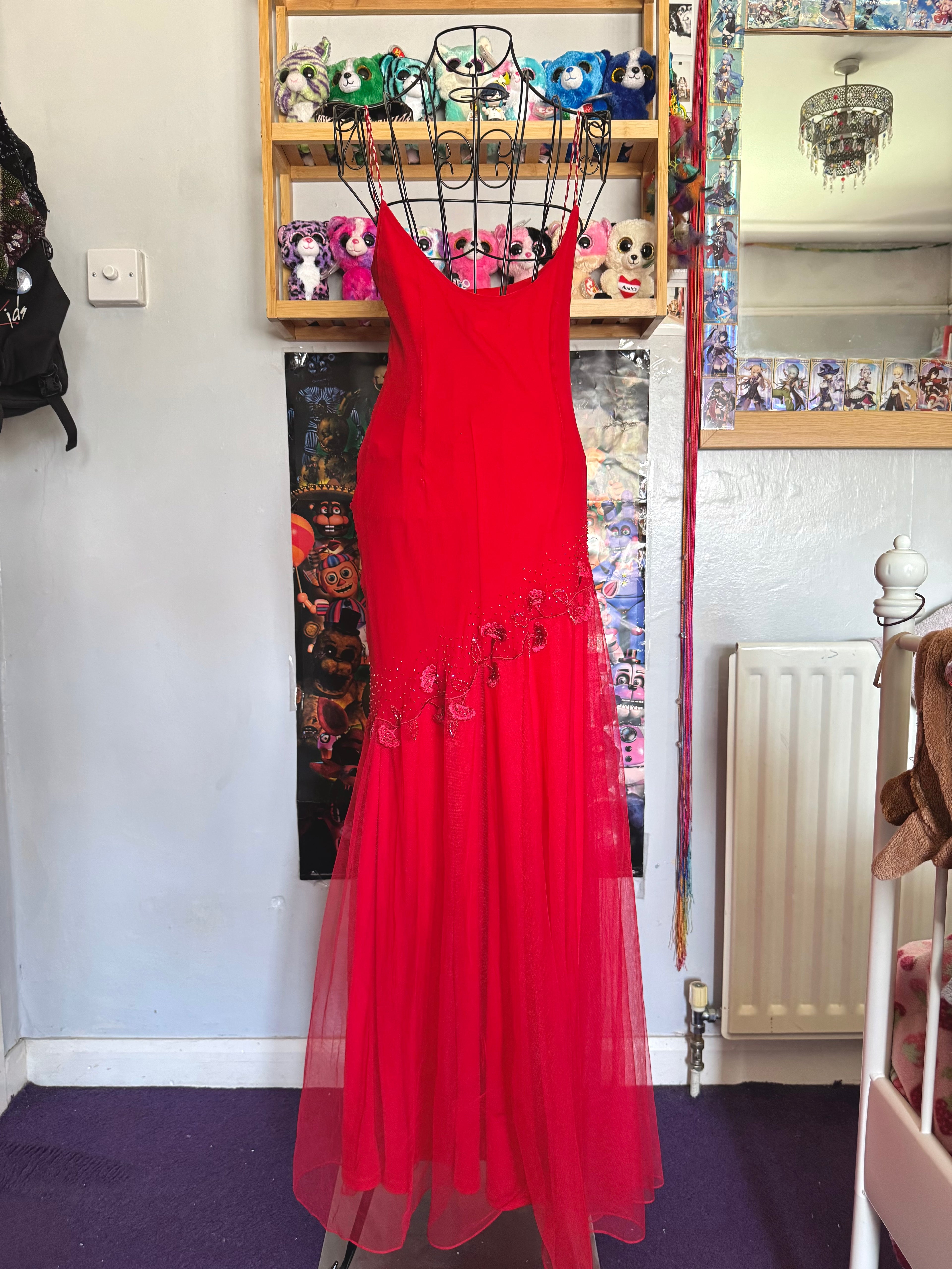 y2k vintage red silk floral embroidery maxi dress for prom or special occasion