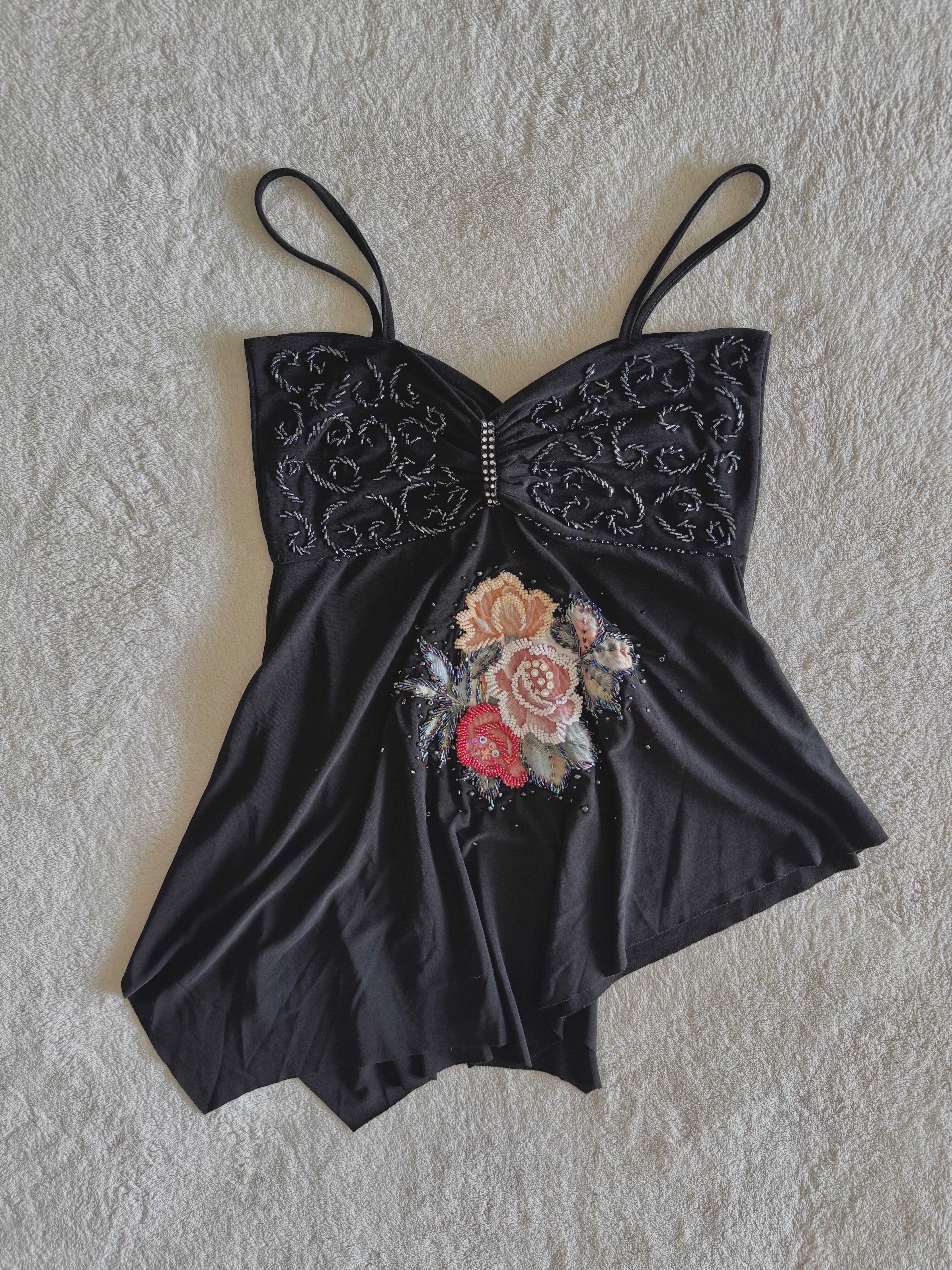 y2k vintage black slinky asymmetrical hem fairycore sequin embellished cami top
