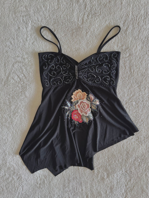 y2k vintage black slinky asymmetrical hem fairycore sequin embellished cami top
