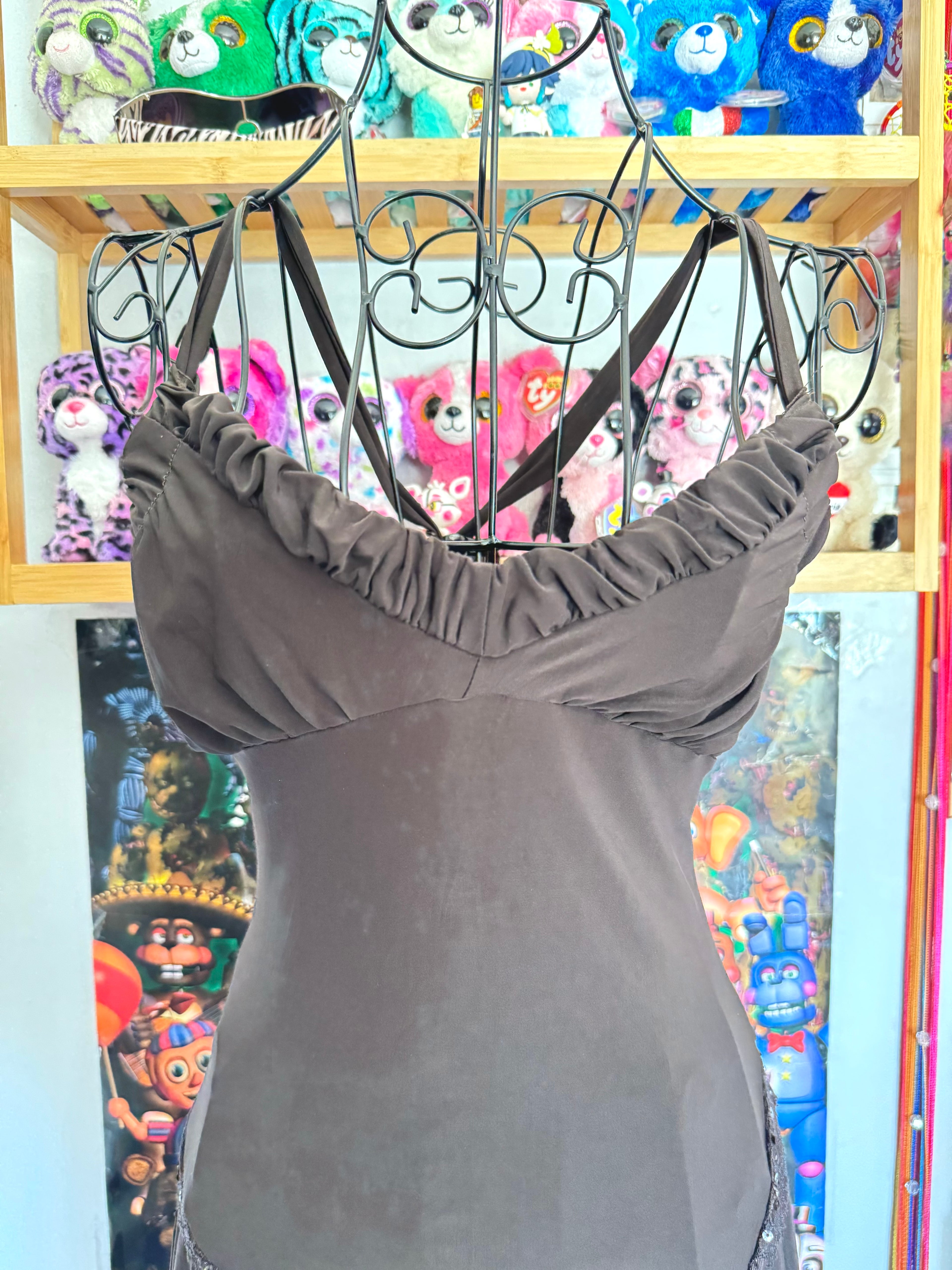 y2k vintage chocolate brown asymmetrical hem lace trim midi dress with crisscross back fairy