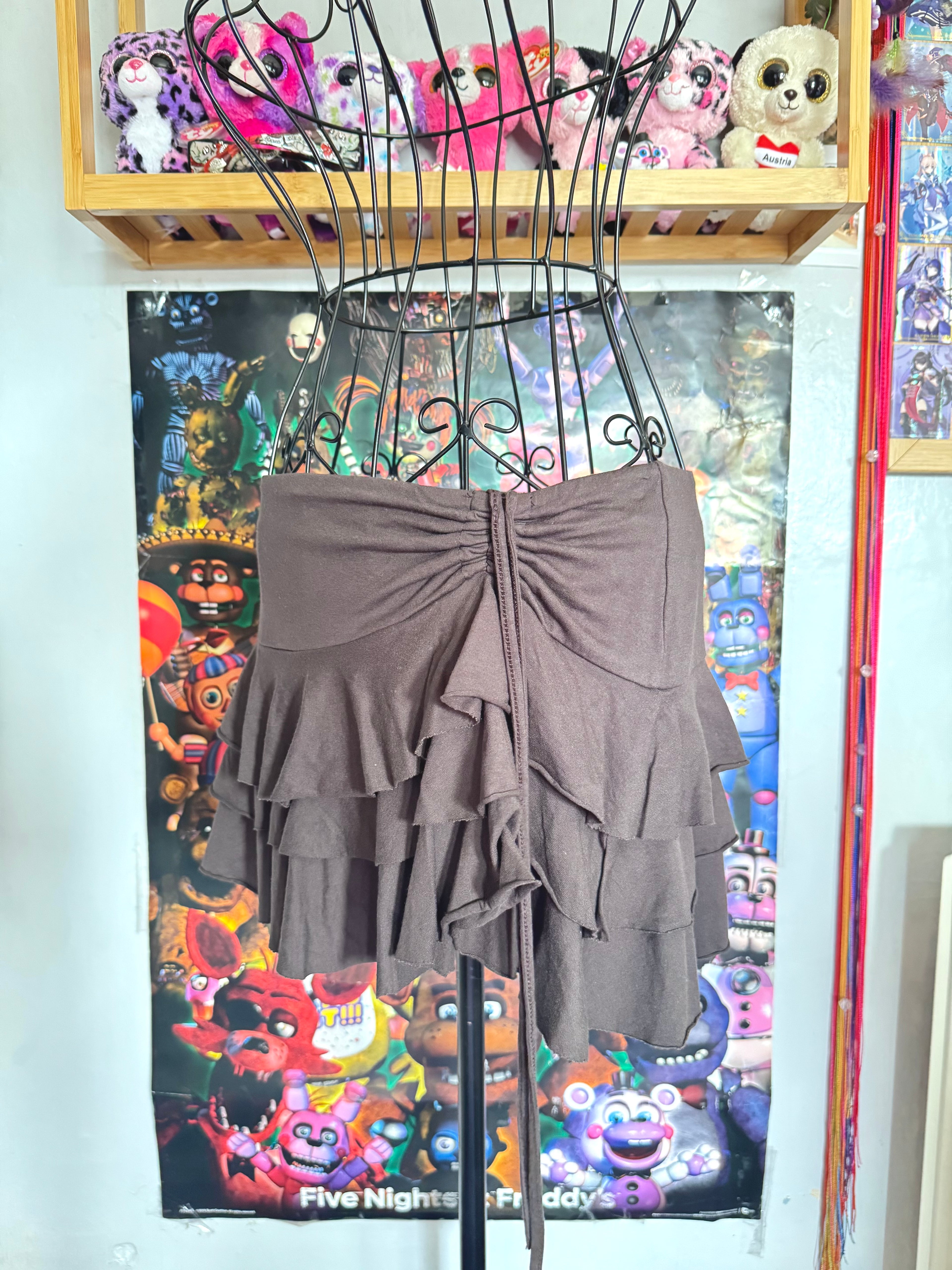y2k vintage chocolate brown ruffle tiered mini skirt or floaty halter top fairycore