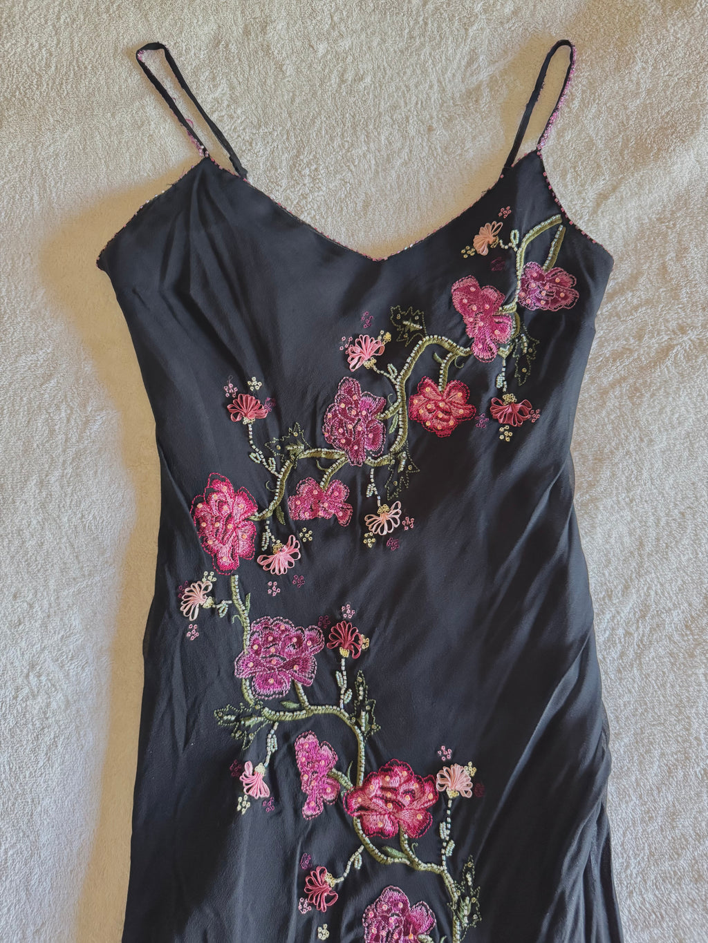 y2k vintage silk asymmetrical hem tassel maxi dress with beautiful floral embroidery