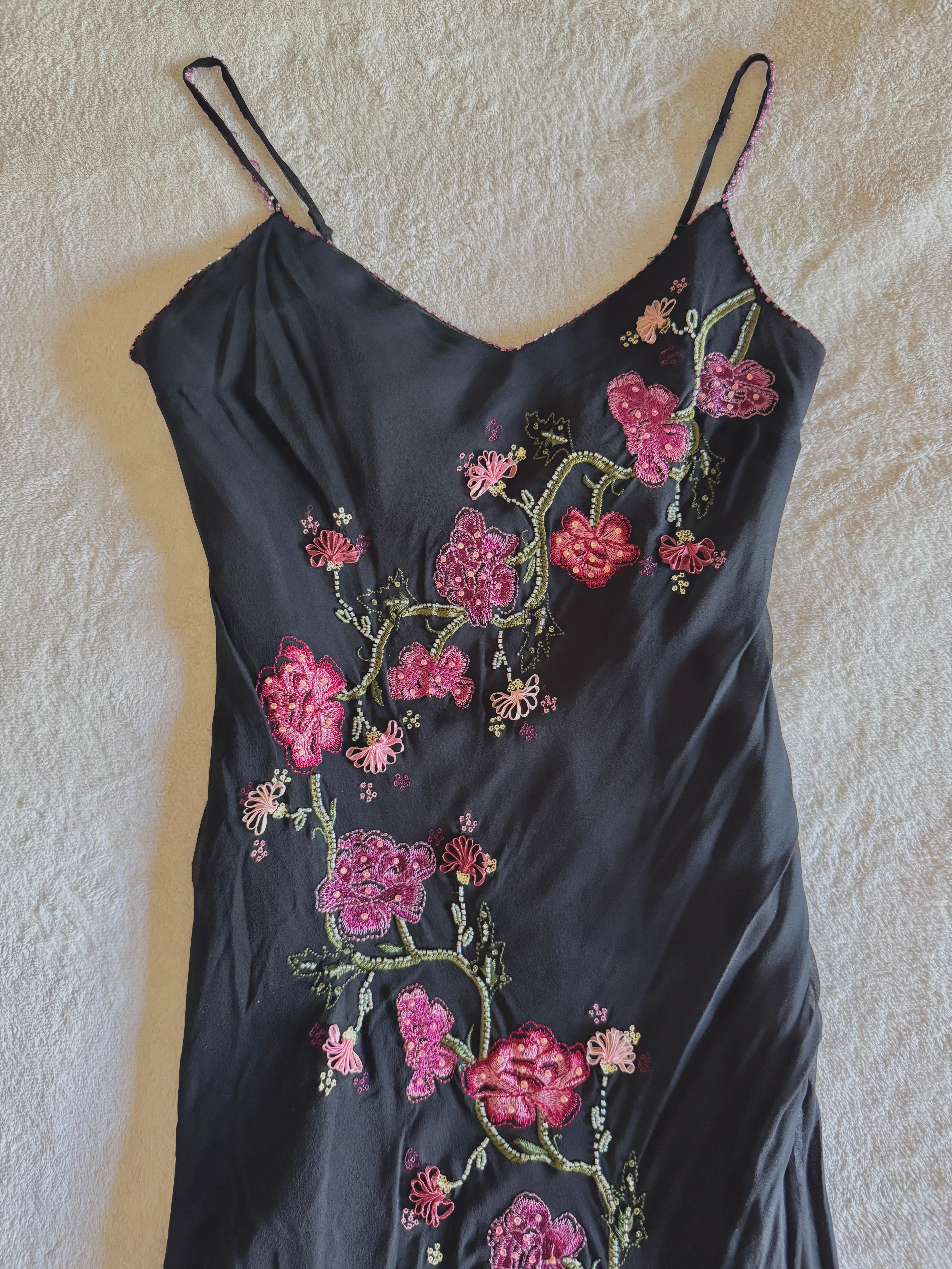 y2k vintage silk asymmetrical hem tassel maxi dress with beautiful floral embroidery