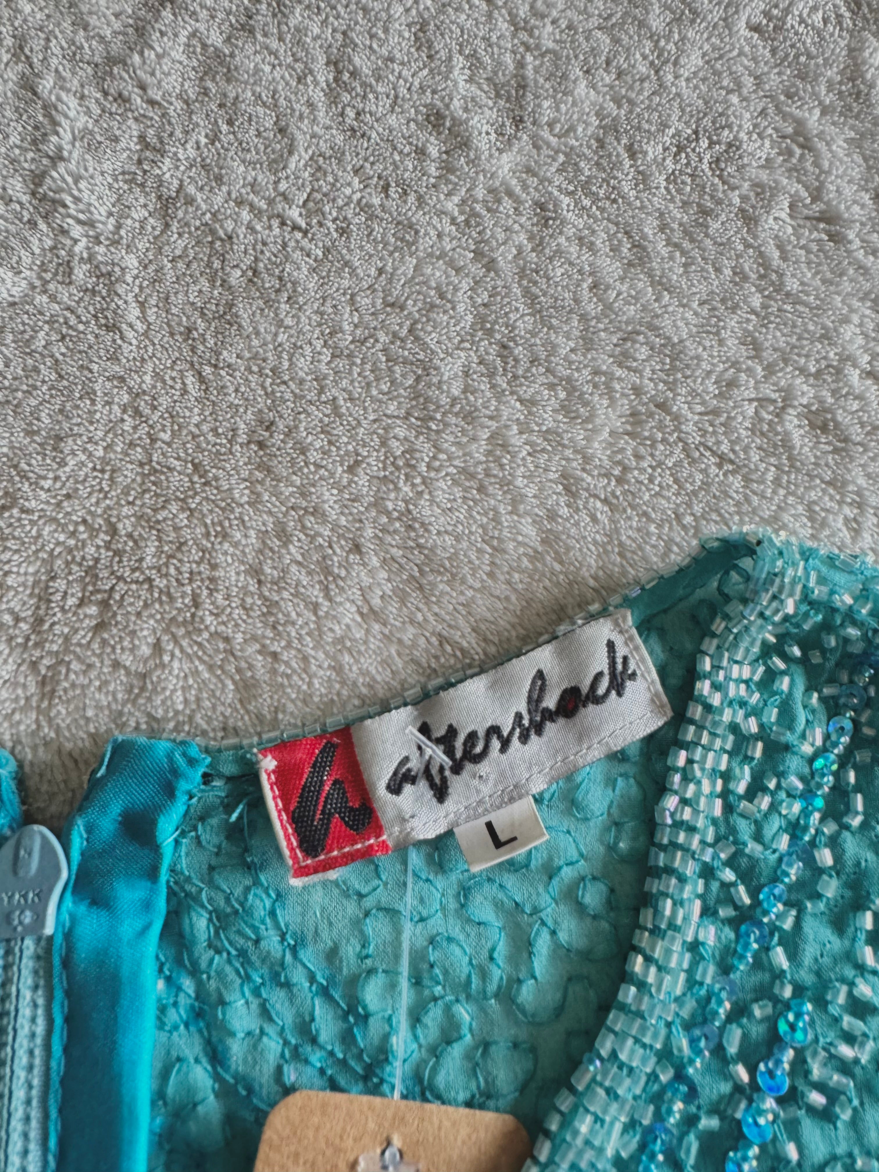 y2k vintage turquoise blue heavily beaded silk fitted vest top mermaid