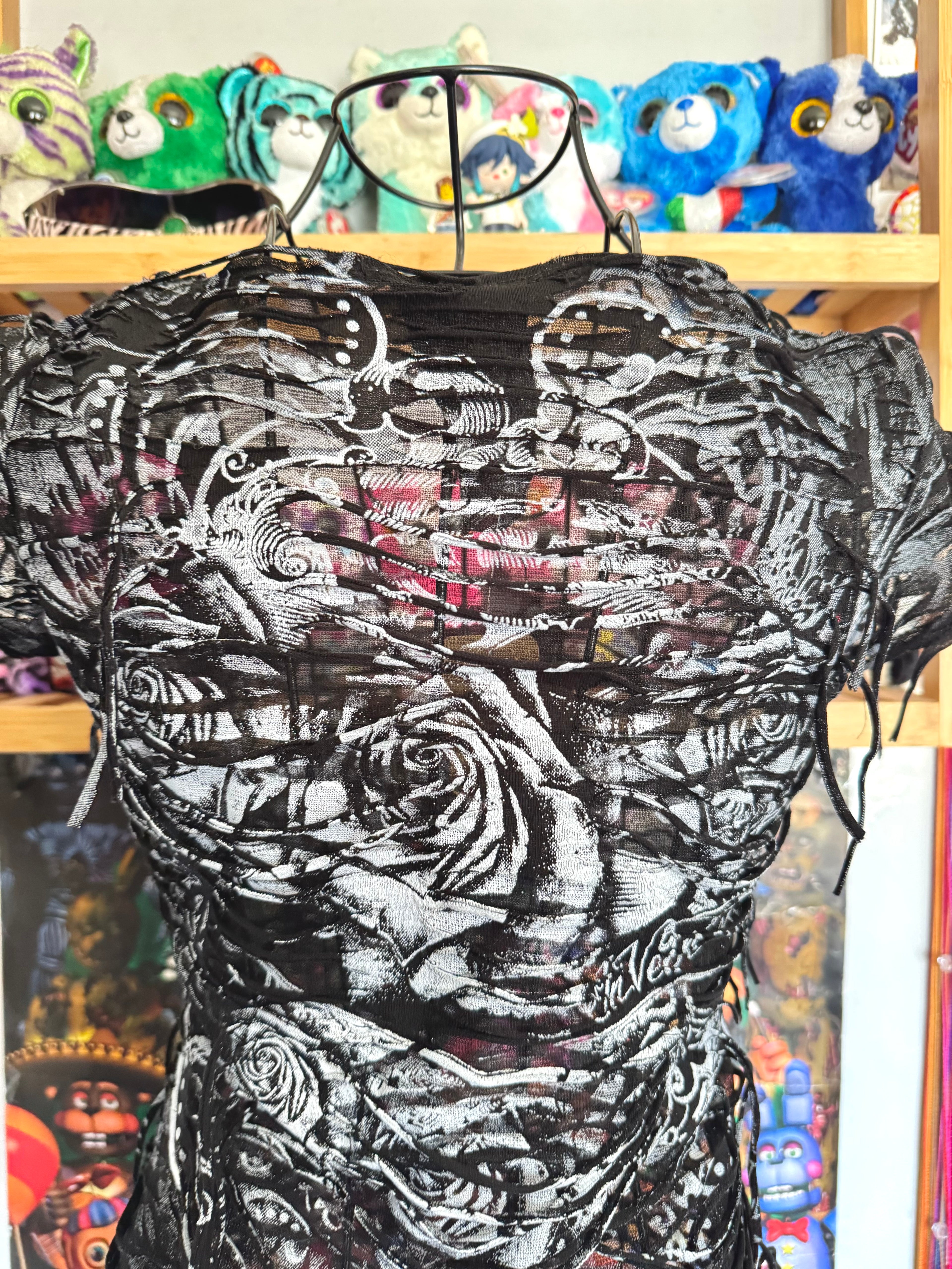 y2k vintage insane slashed graphic rose print sheer fitted tee grunge