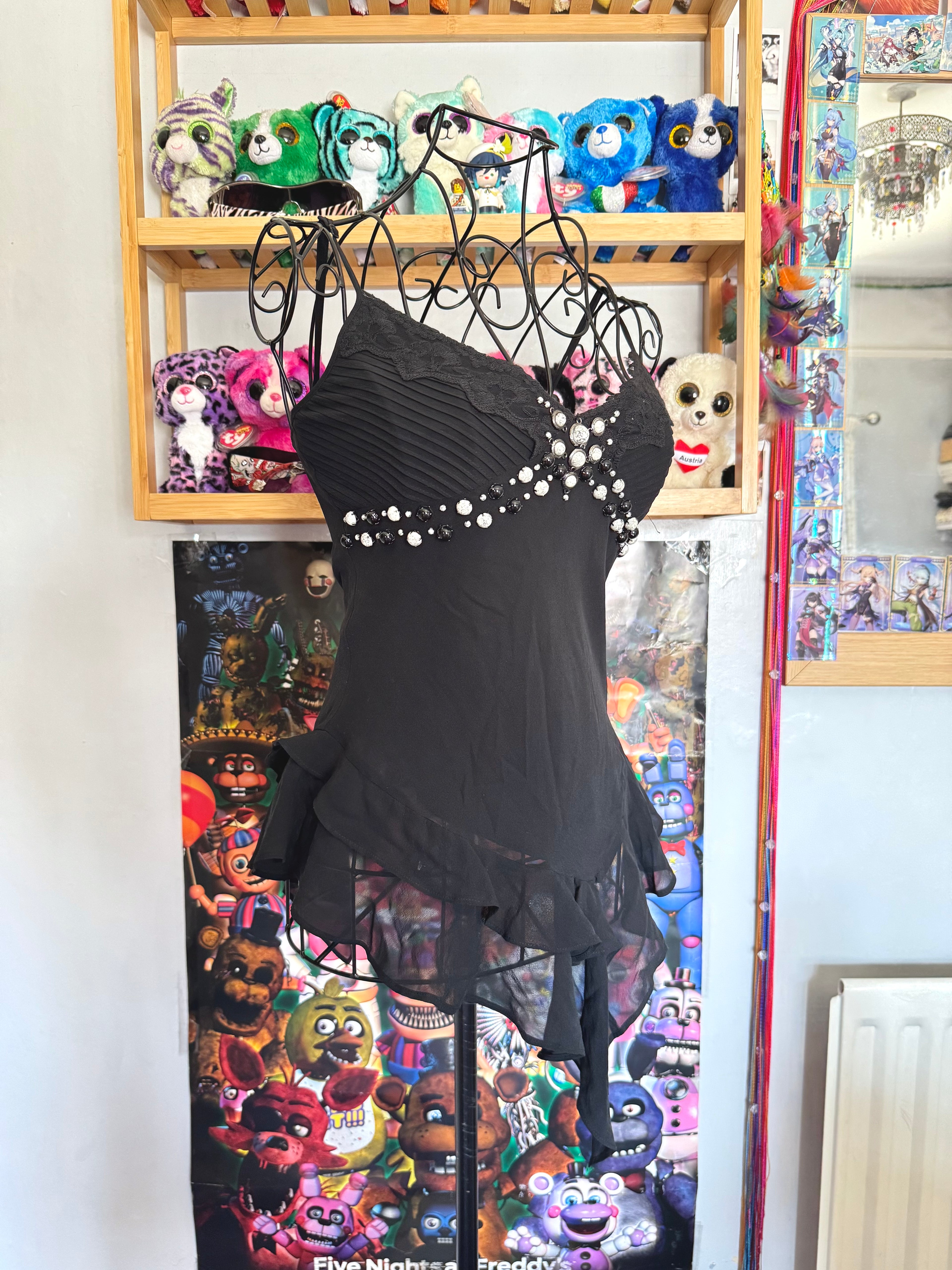 y2k vintage black silk fitted asymmetrical fairy hem cami top